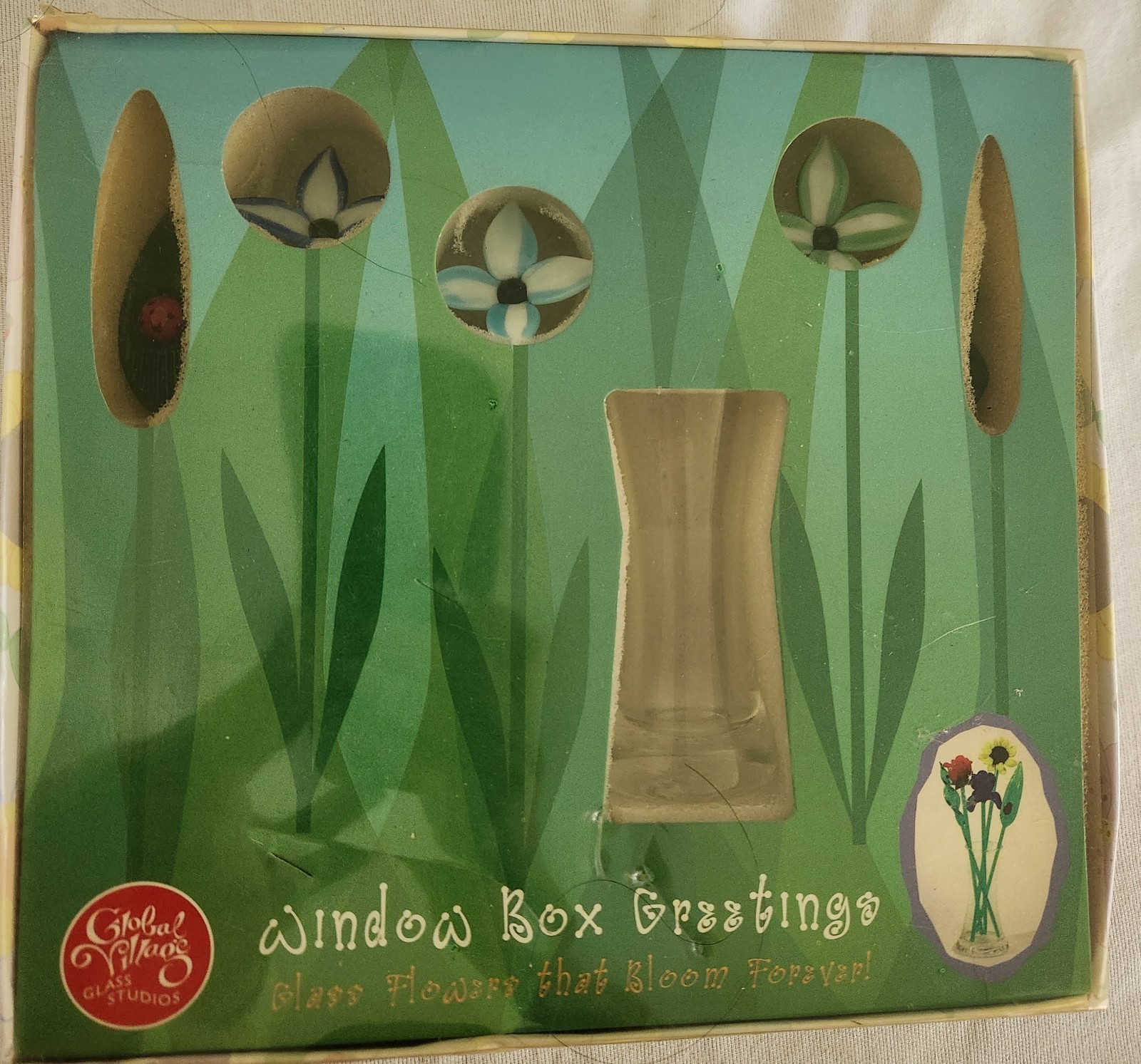 Window Box Greetings. Mini Glass Vase Flowers & Ladybug #746 Fantasy Flowers