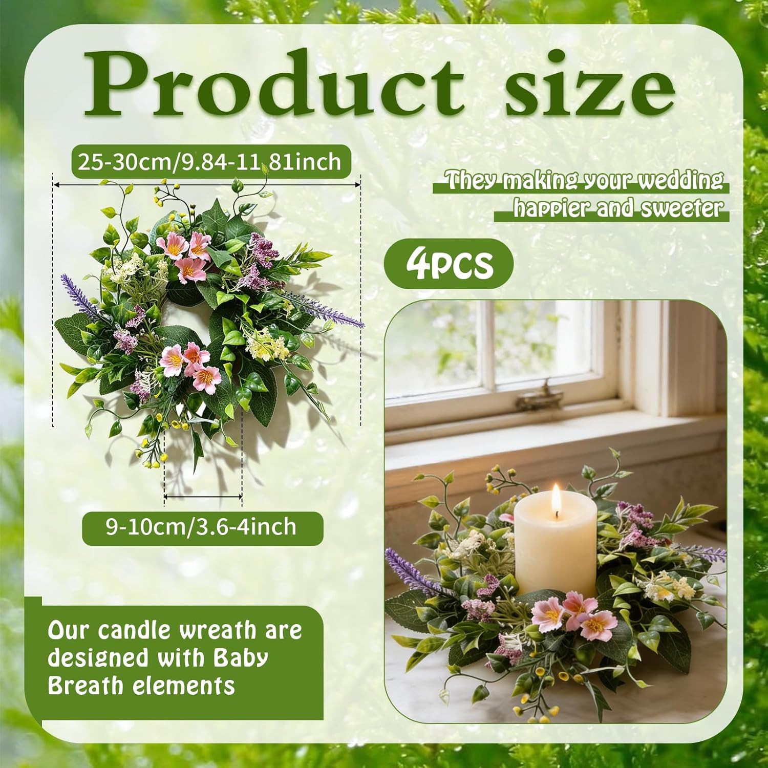 4 Pcs Small Spring Summer Candle Ring Wreaths with Artificial Pink Flower Purple