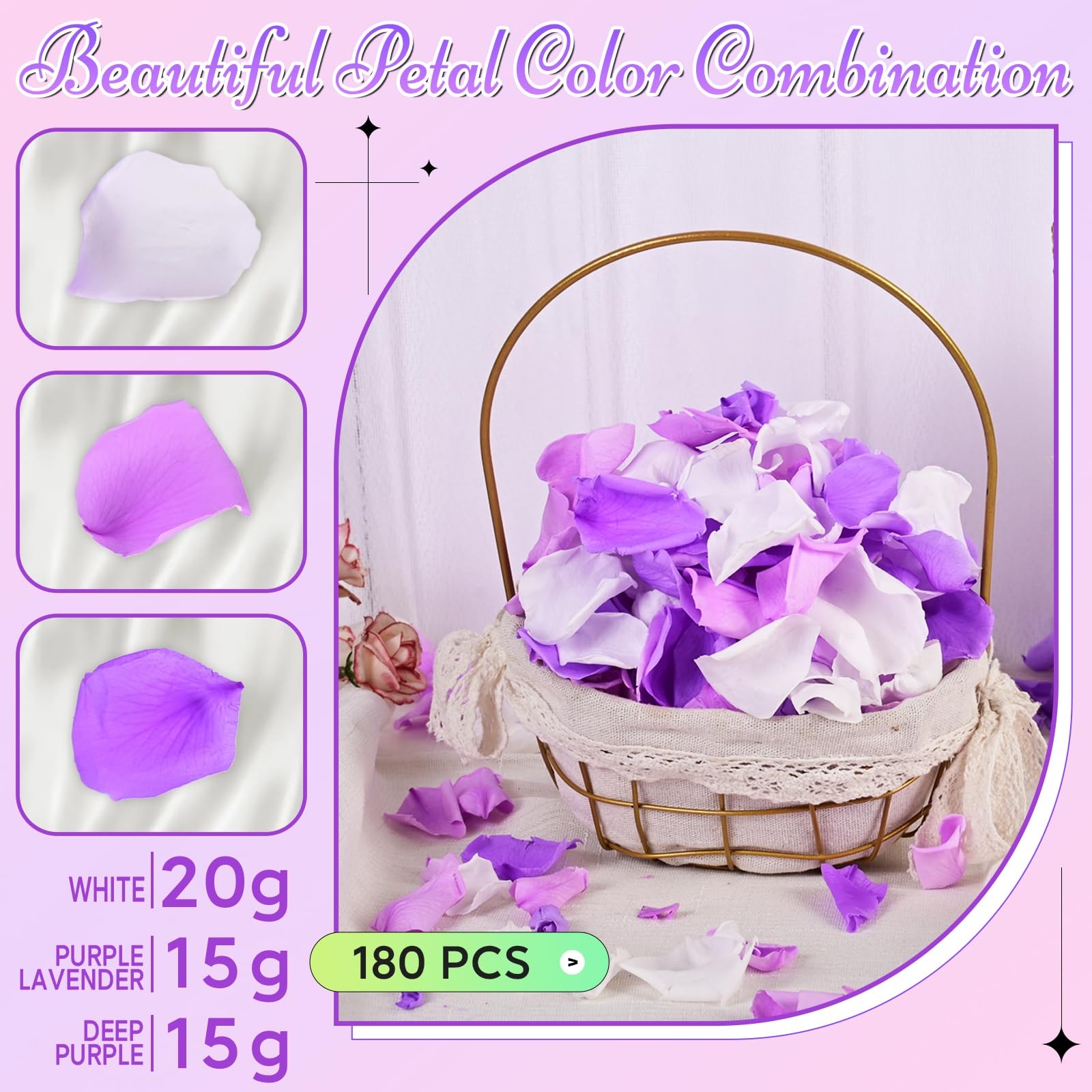 180 PCS Real Purple White Rose Petals for Wedding Flower Girl to Throw, 1.75o…