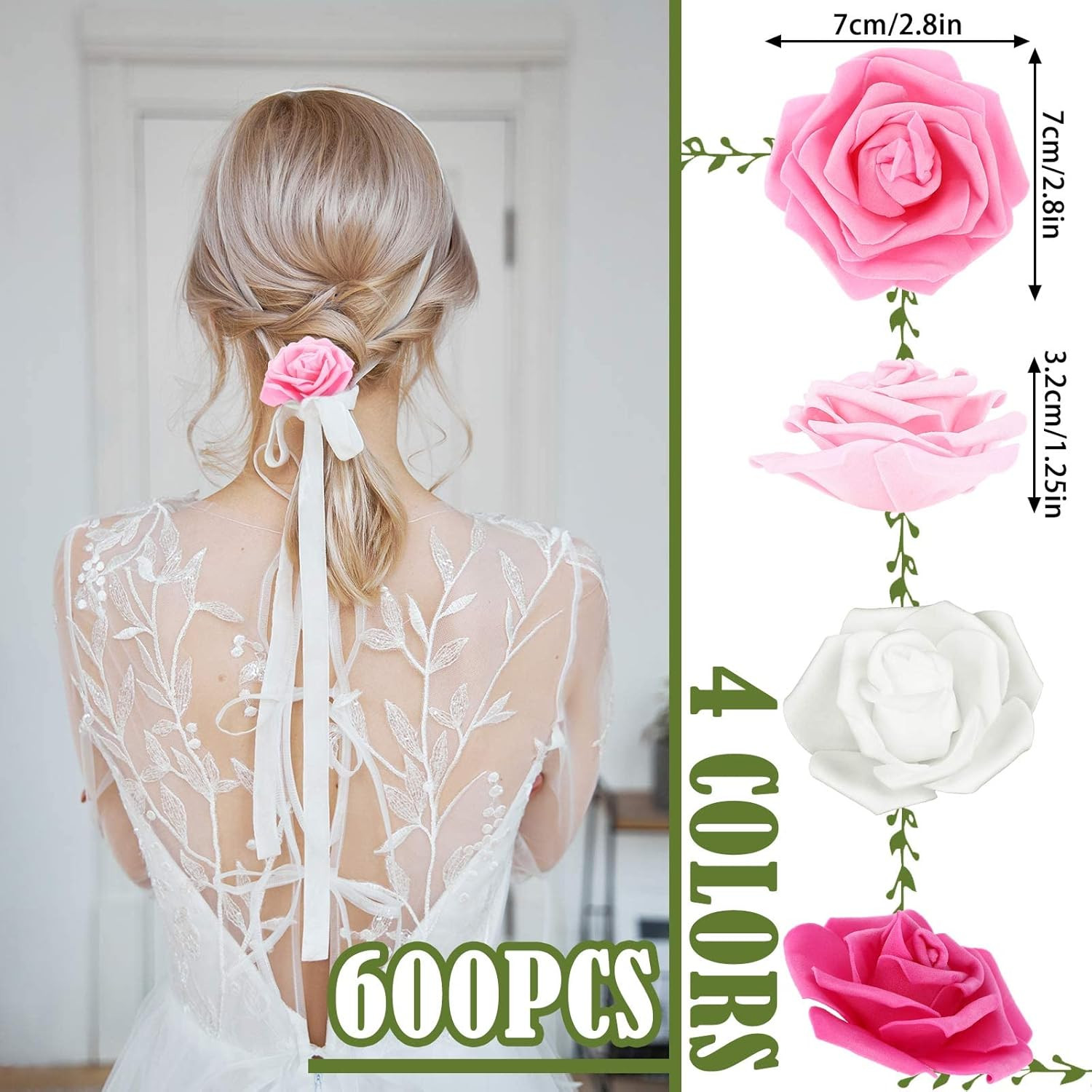 600 Artificial Rose Flower Heads for Weddings & DIY Crafts – 4 Colors