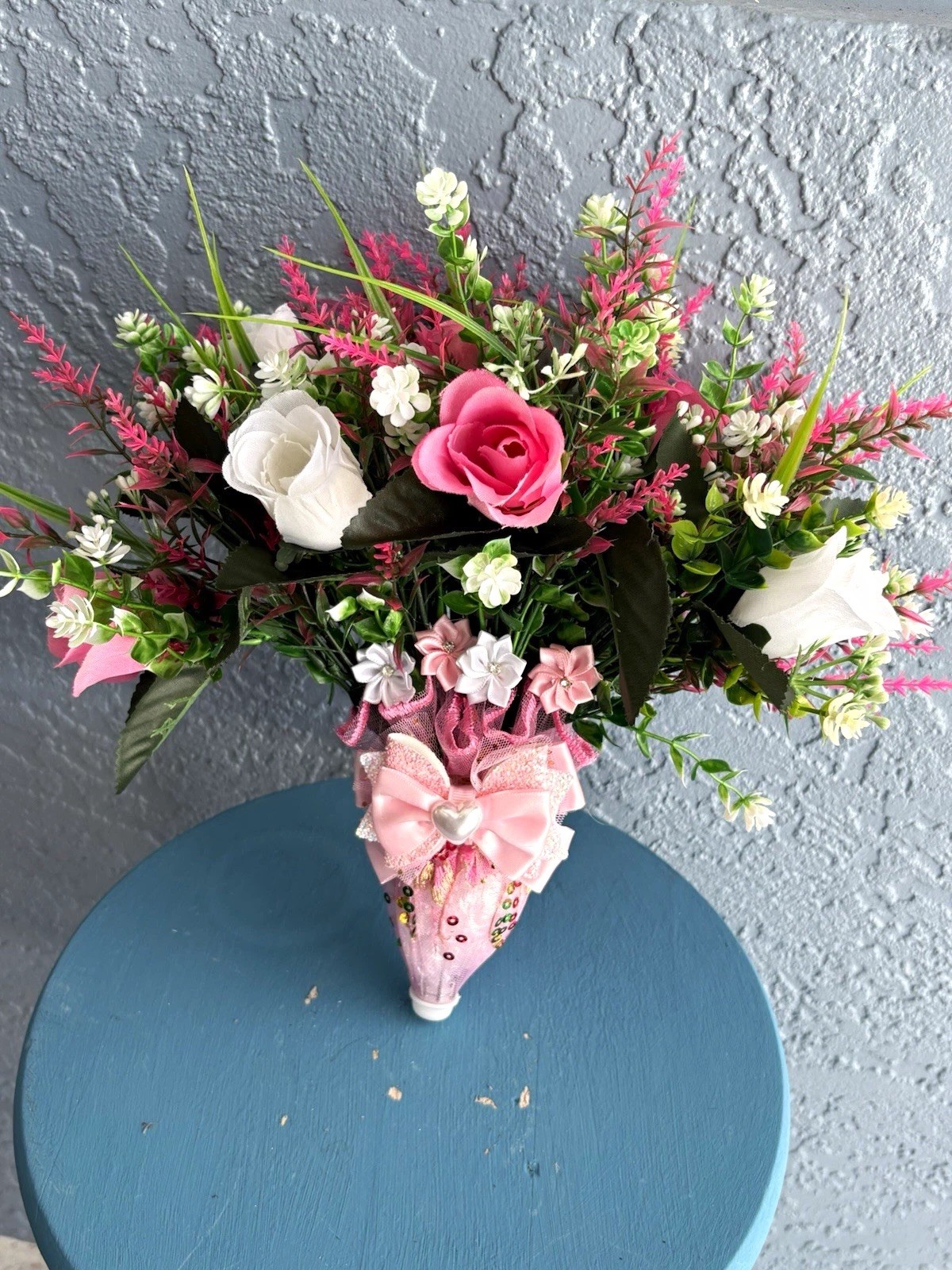 Pink & White Artificial Rose Floral Wall Pink Umbrella, Green Accents Bow