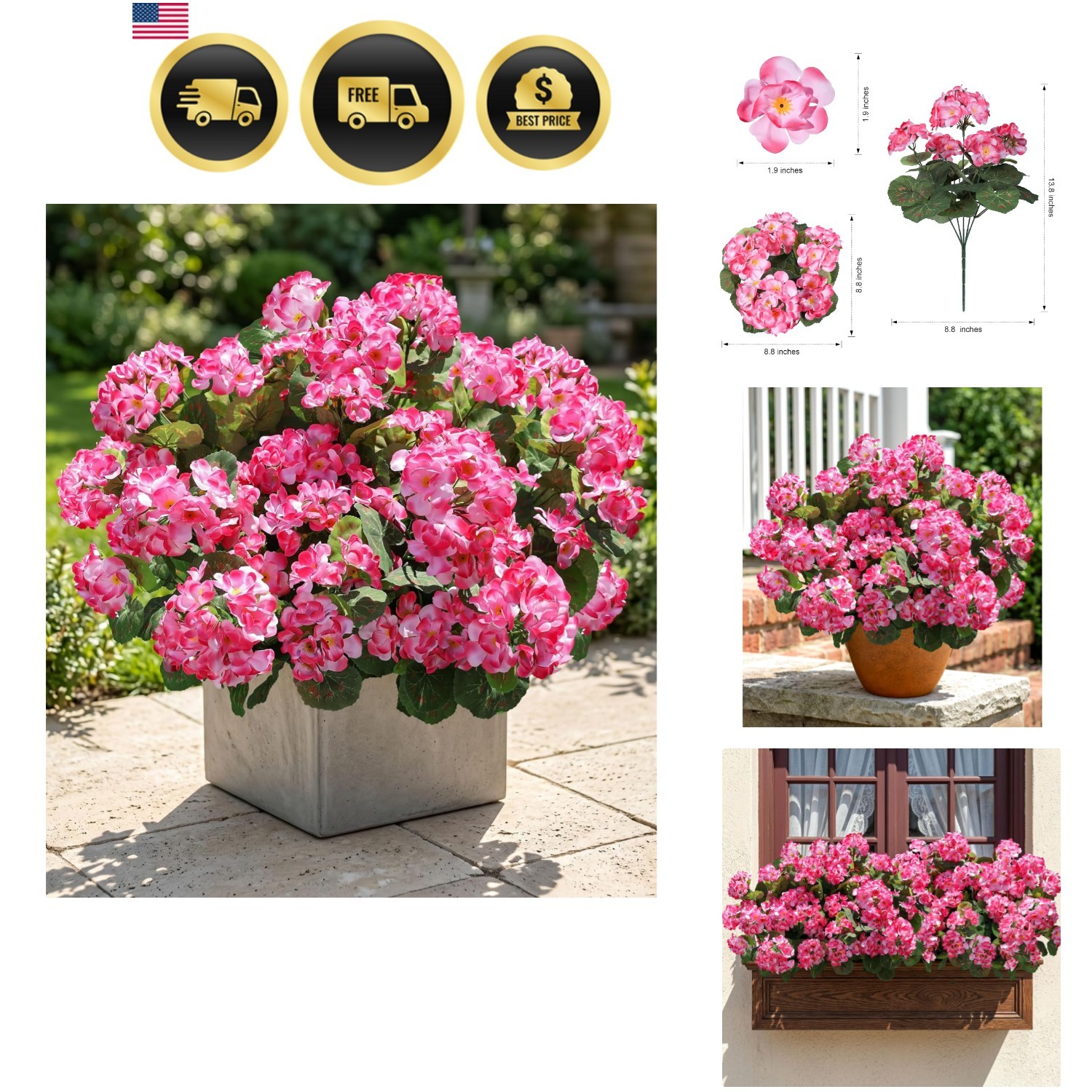 Artificial Geranium Fake Flowers for Outdoors Decoration, 6 Bundles Silk Gera…
