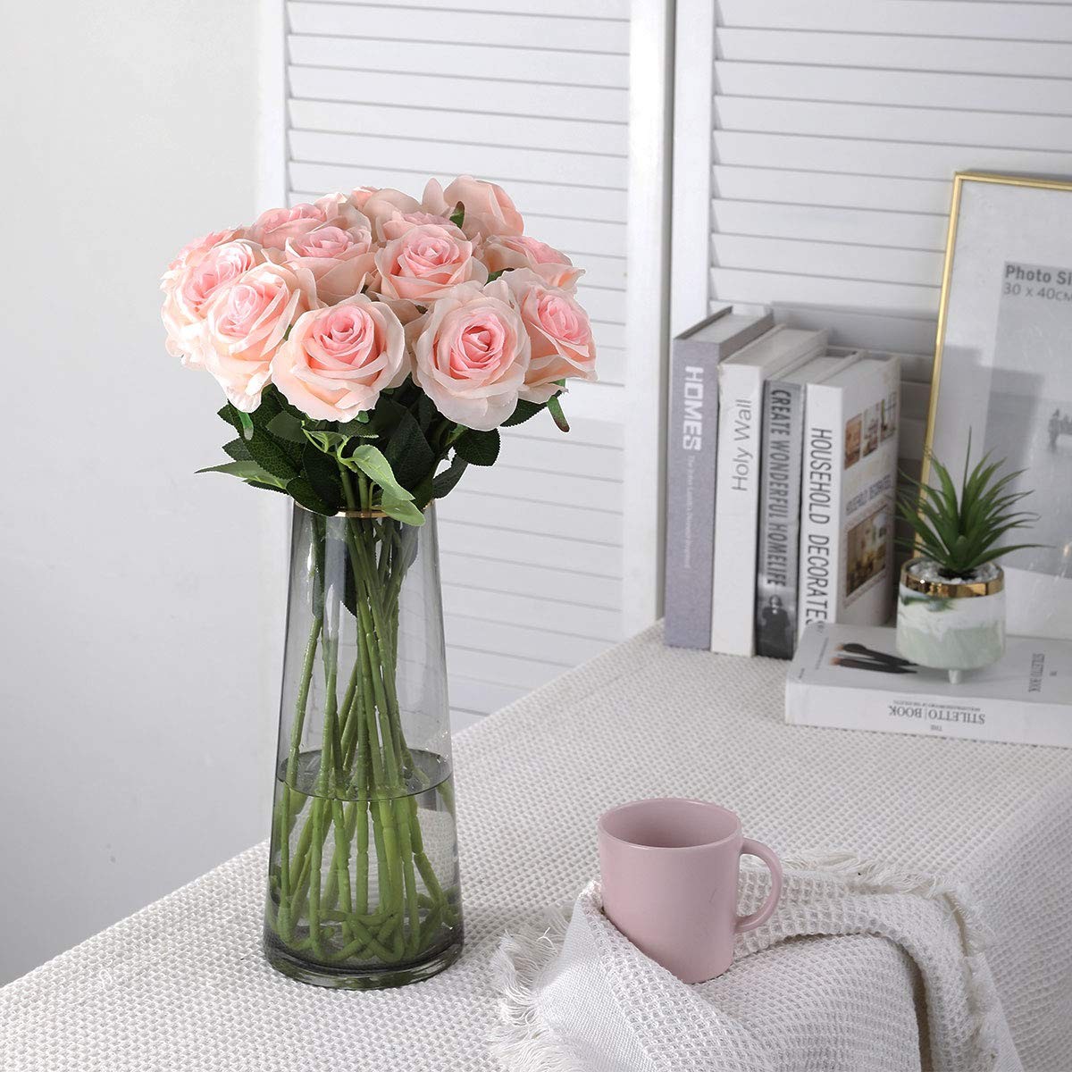 10 PCS Light Pink Lifelike Fake Silk Rose Flower Bouquet Wedding Gift Decor