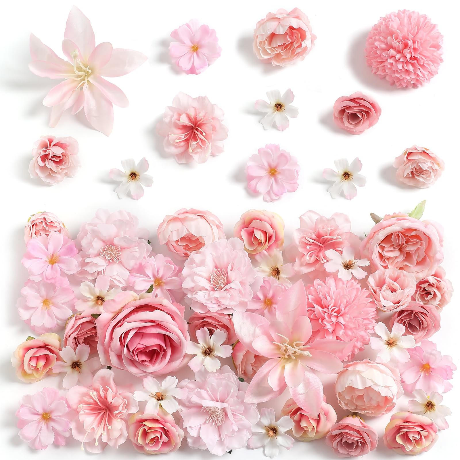 48 PCS Fake Flower Heads Pink Silk Artificial Roses Peonies Daisies Bulk