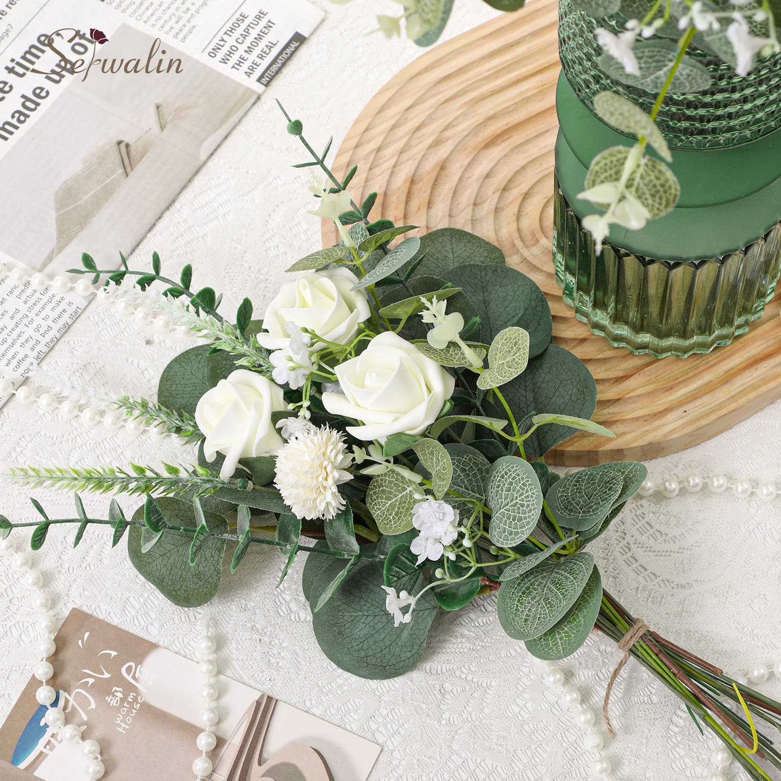 100 Pcs 7 Kinds Mixed Artificial Eucalyptus Leaves Stems Bulk with Flowers Fa…