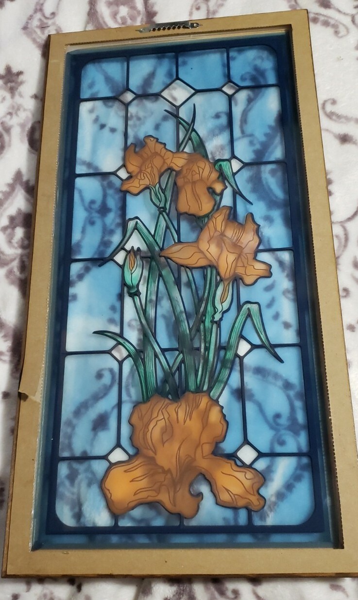 Peach Iris Blue Background Stained Glass Look 23″H x 11.5″W Framed