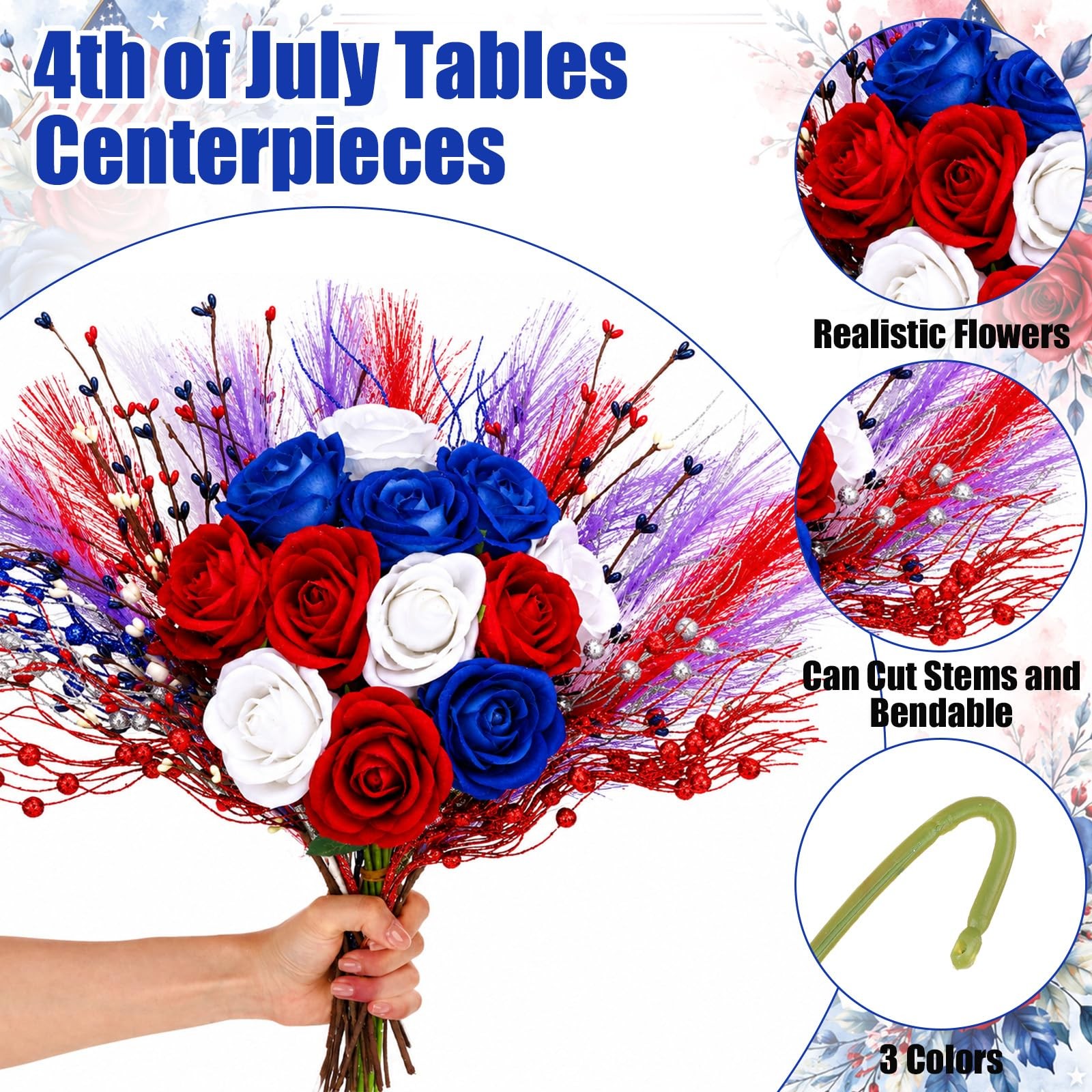 30pcs Patriotic Artificial Flower, Red White Blue Faux Roses with Star Picks …