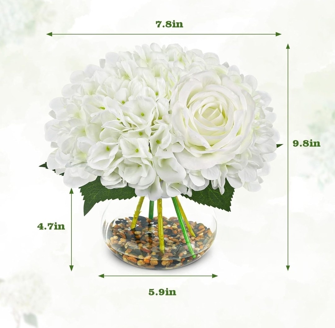 Artificial Hydrangea Flowers with Vase White Fake Flowers with Rose Faux…