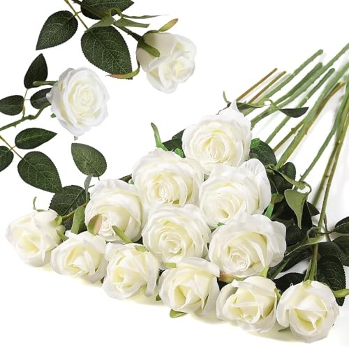 12PCS Artificial Silk Flowers Realistic Roses Bouquet 6 Flowers 6 Buds White