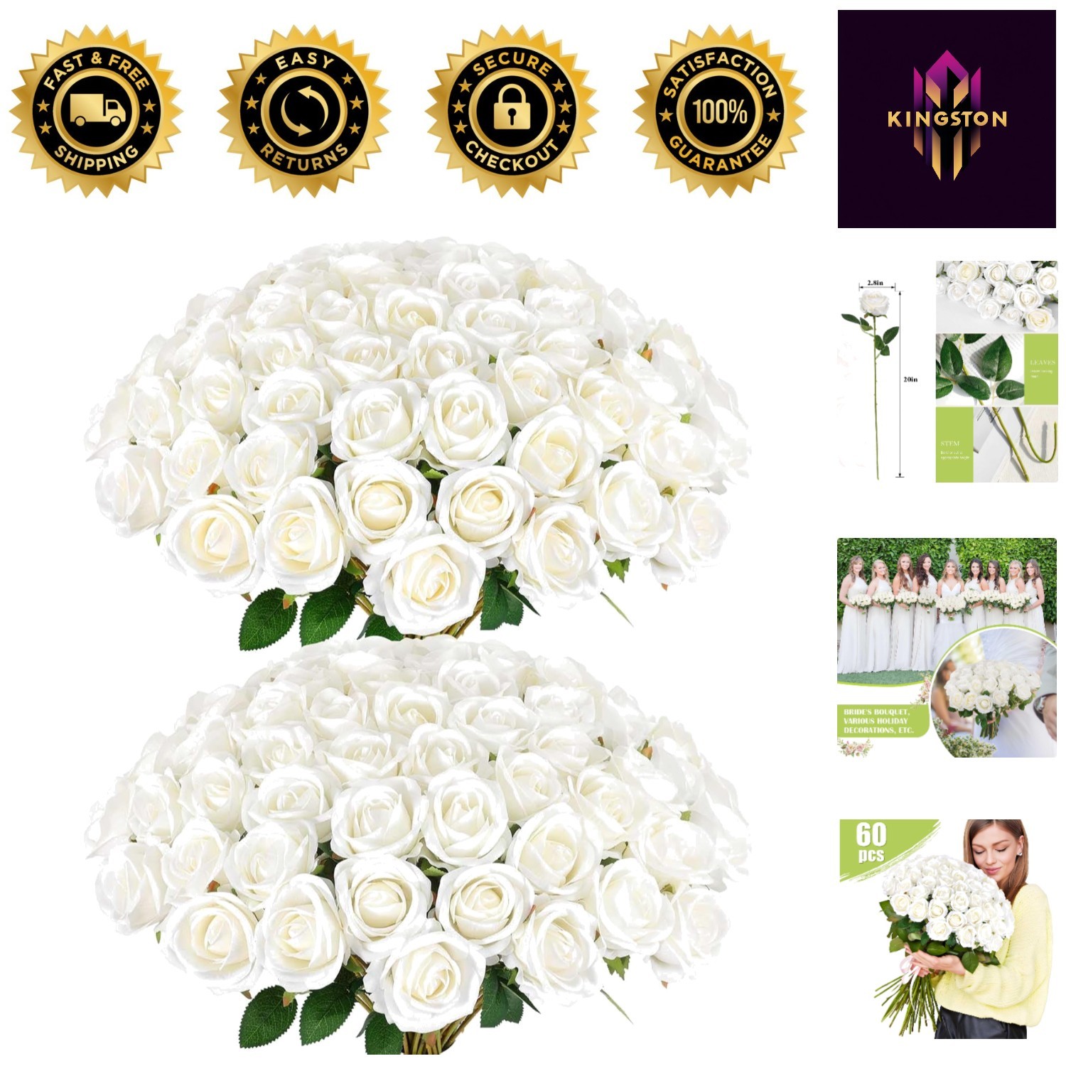 60 Pcs Velvet Silk White Roses – Perfect for Wedding Centerpieces & Home Decor