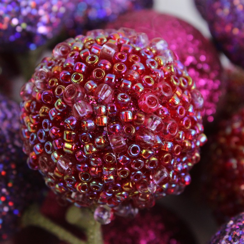 Lot of 2 Clusters of Glitter-Coated Berry Stems Purple and Red 10″ Tall