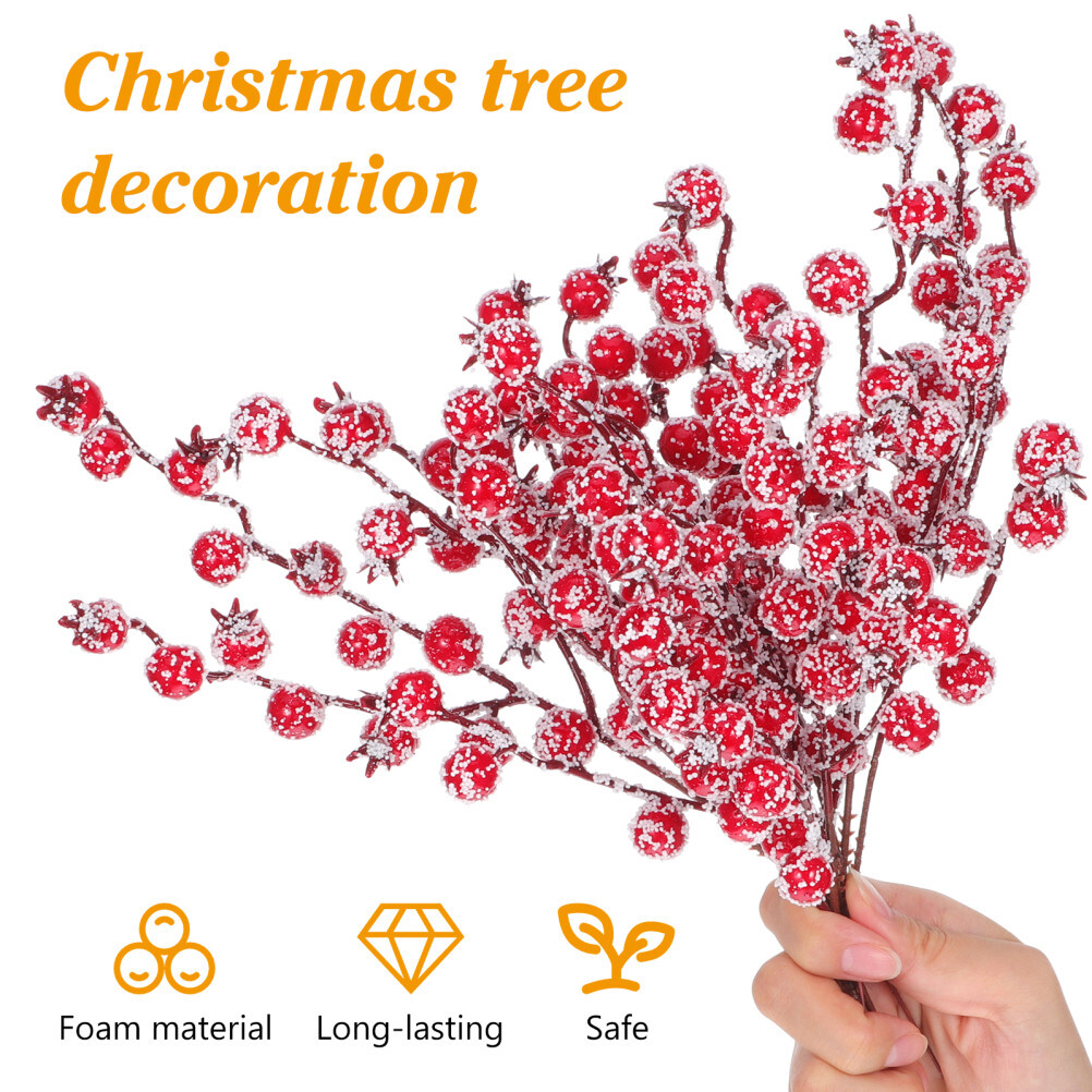 10PCS Frosted Stems Red Christmas Tree Decoration Fruit Lifelike