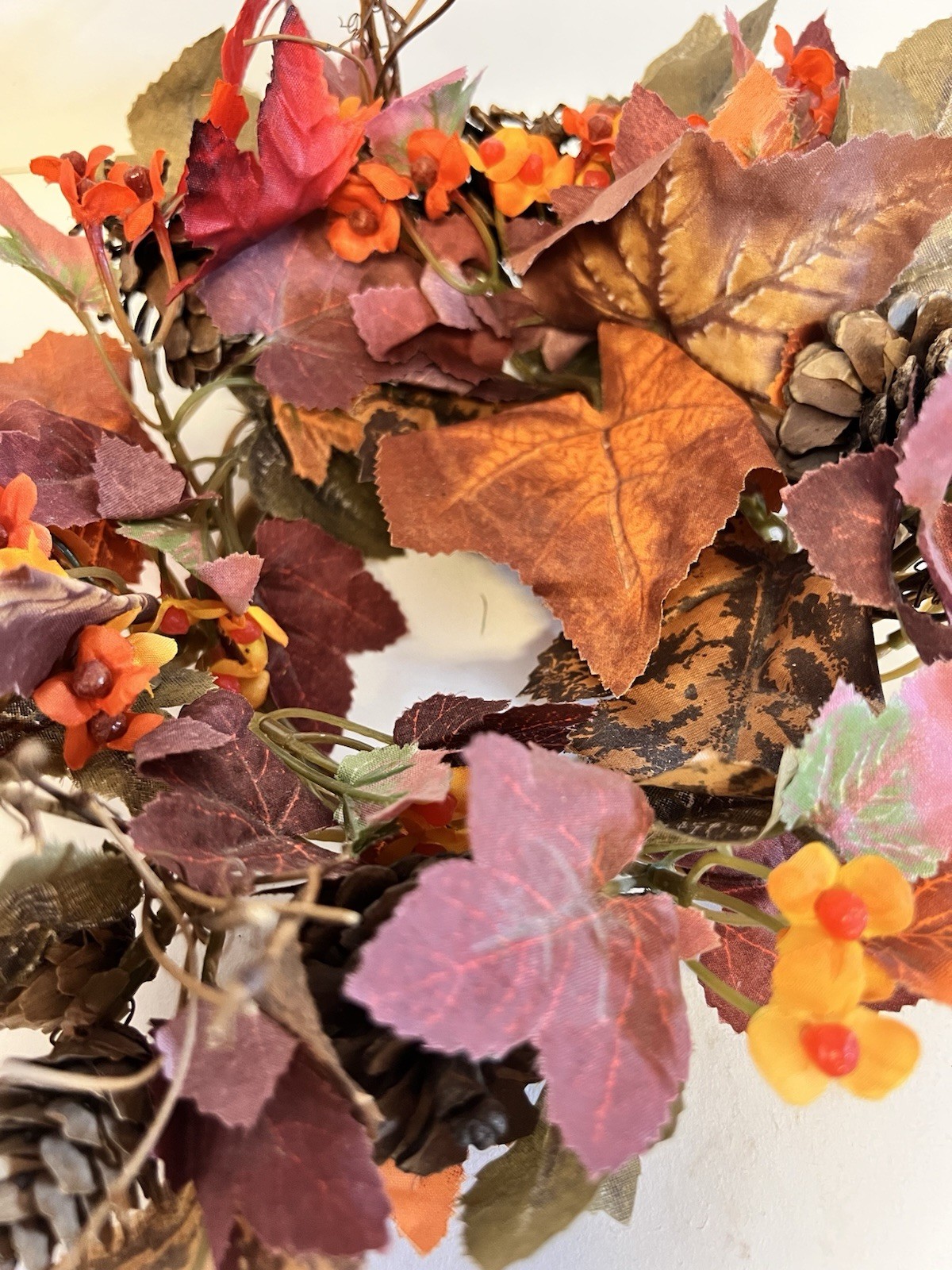 Wood Pumpkin Bowl w/ Fall Leaf Berry Pinecone Wreath Autumn Thanksgiving