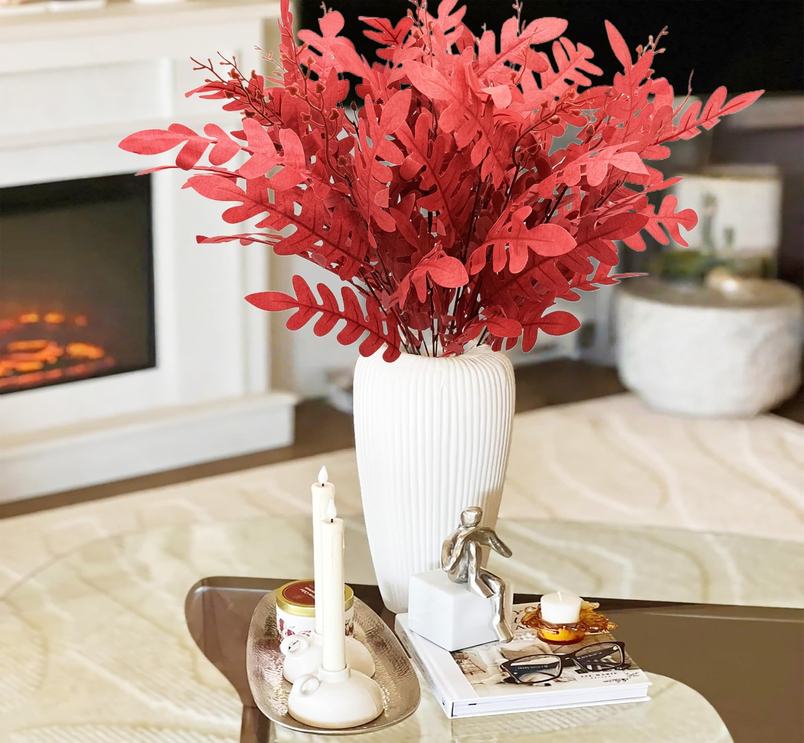 3PCS Artificial Fall Eucalyptus Leaves Stem Plants Red Fake Leaves Autumn Gre…