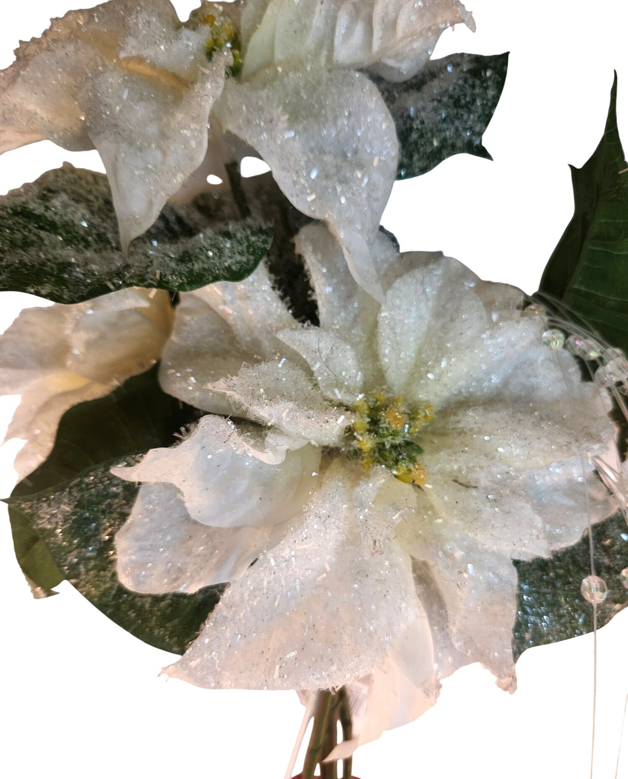 White Glitter Poinsettia Artificial Flowers With Crystal Bead Accents 4 Stems &