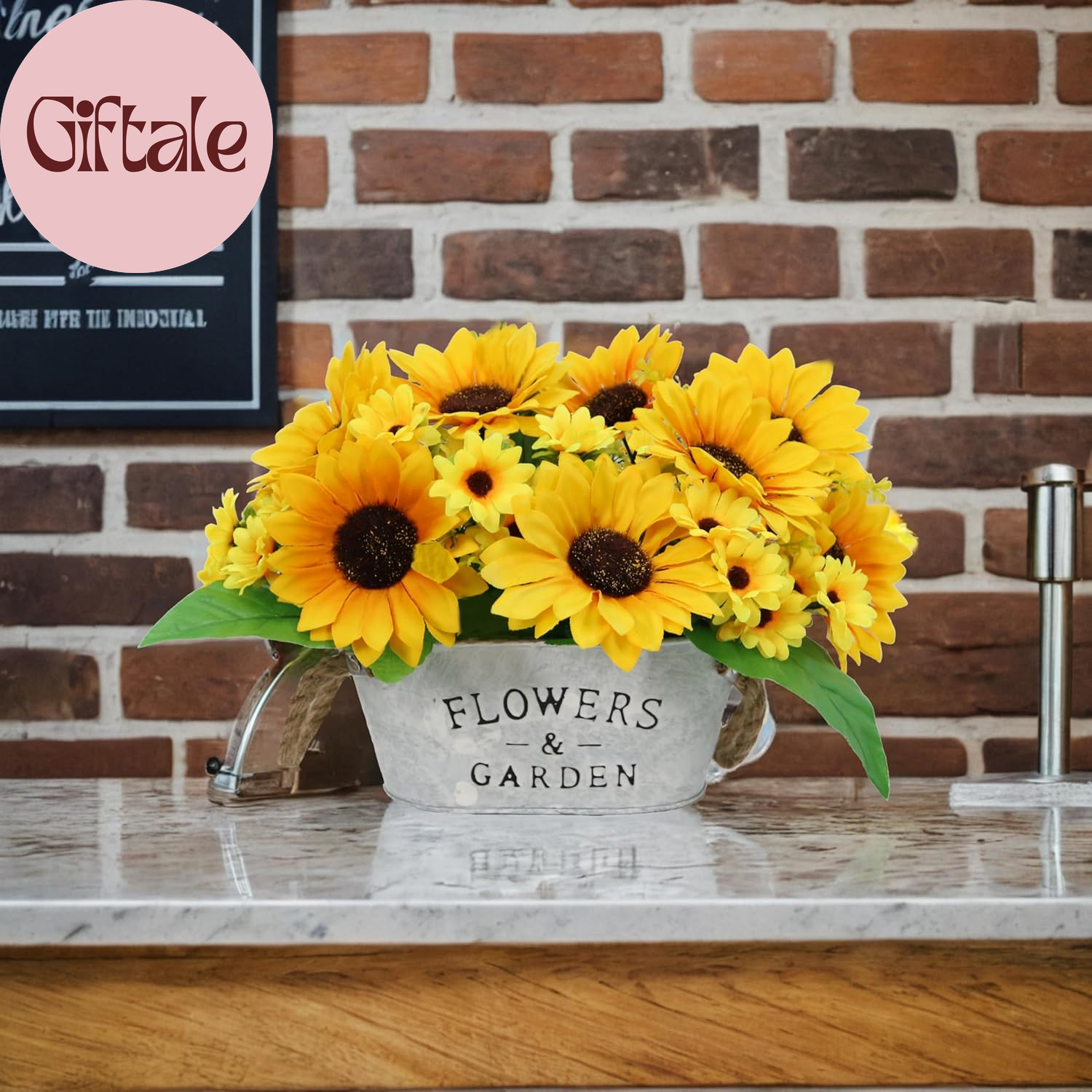 Artificial Flowers in Pot 8″ Tall Faux Silk Sunflowers with Metal Planter, Fake