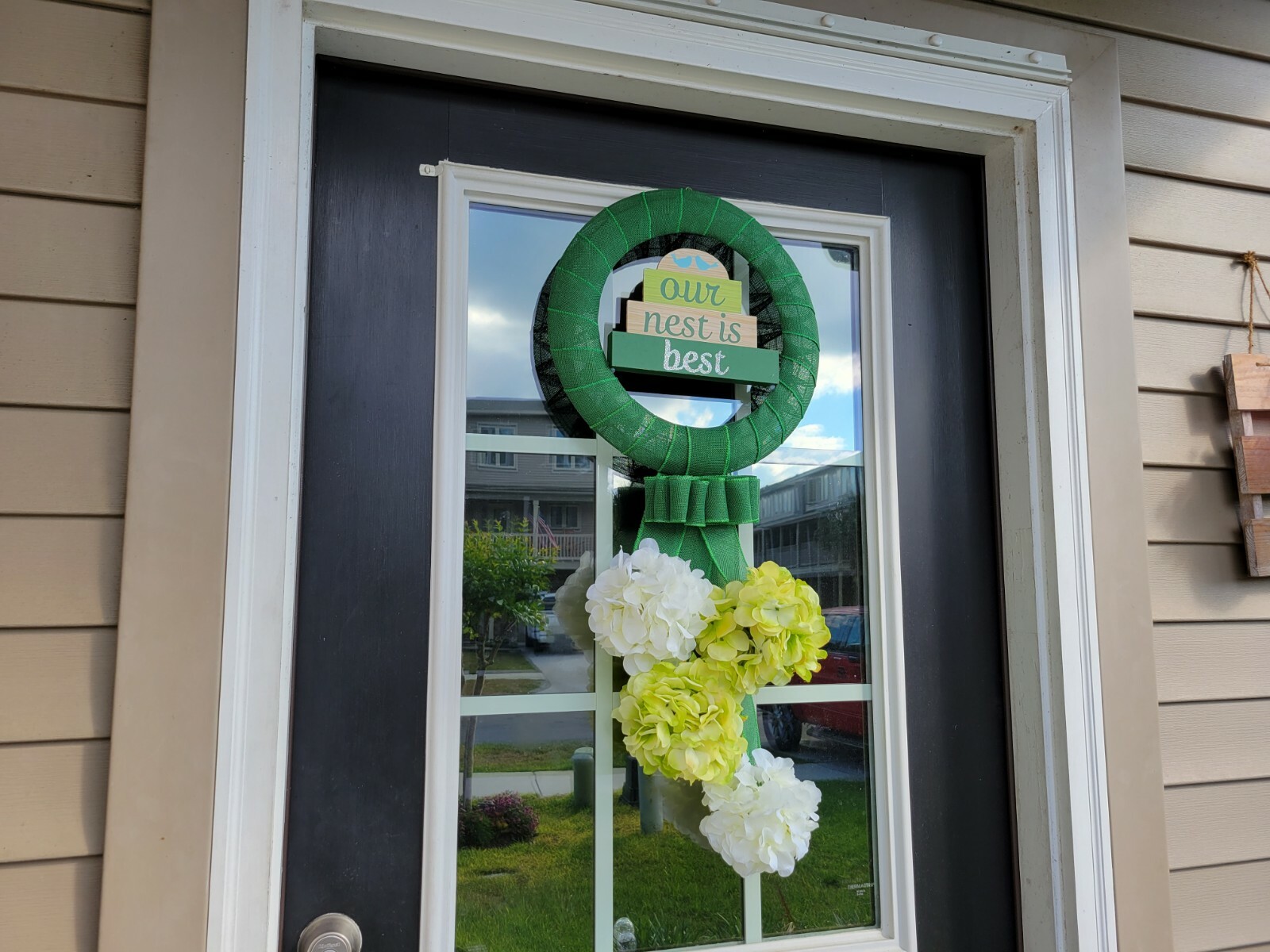 OUR NEST IS THE BEST wreat WHITE GREEN Hydrangeas burlap Decor Front Door SUMMER