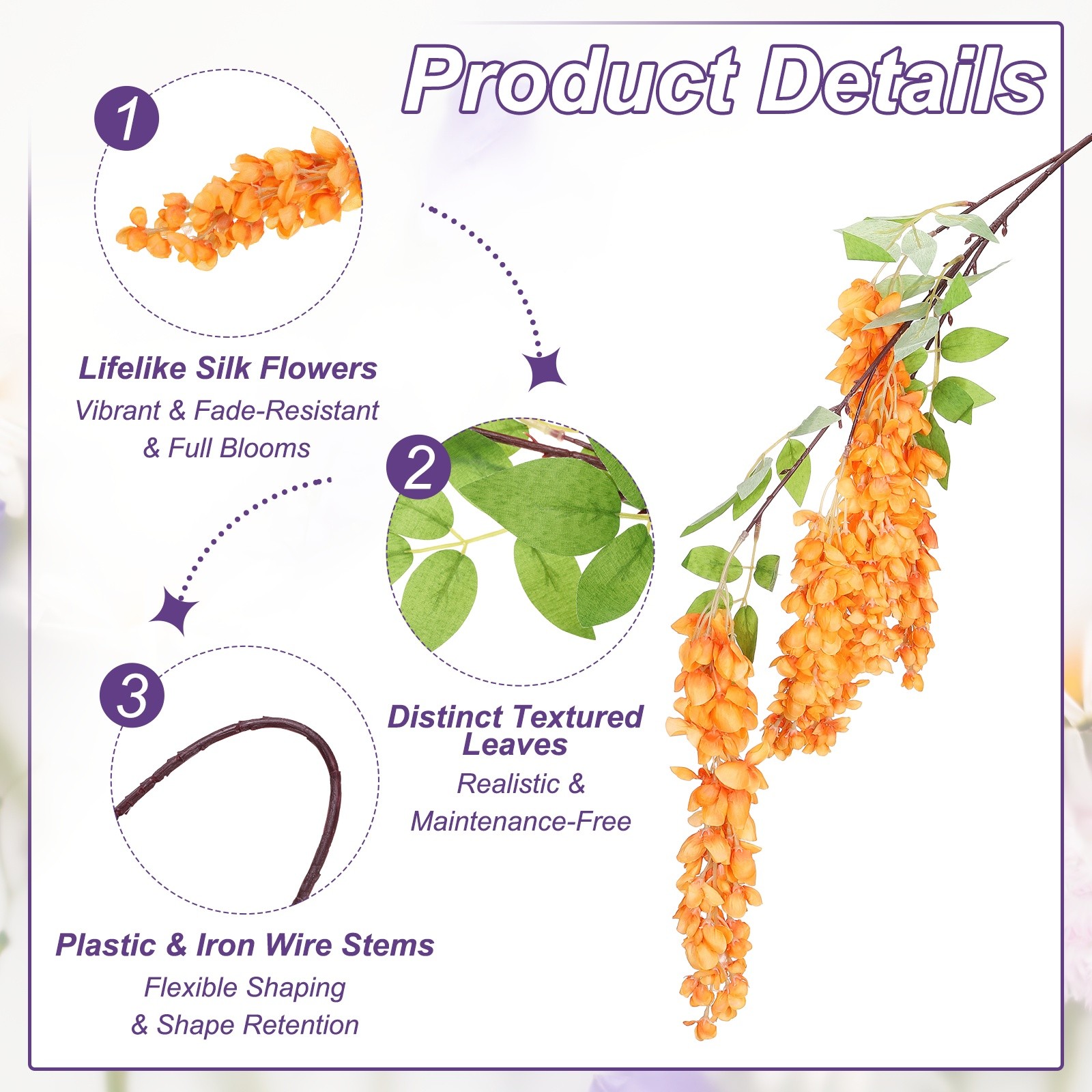 2Pcs Artificial Wisteria Hanging Flowers 3.9ft Fake Hang Floral Orange/Champagne