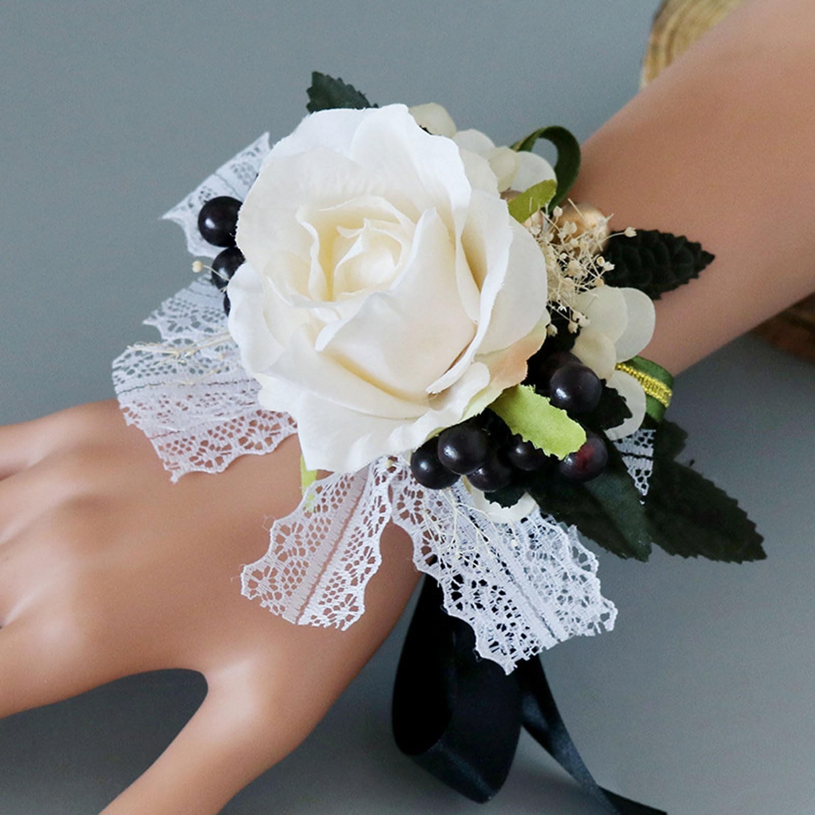2 PCS Ivory Black Rose Wrist Corsage Boutonniere Set Wedding Prom Flower Suit