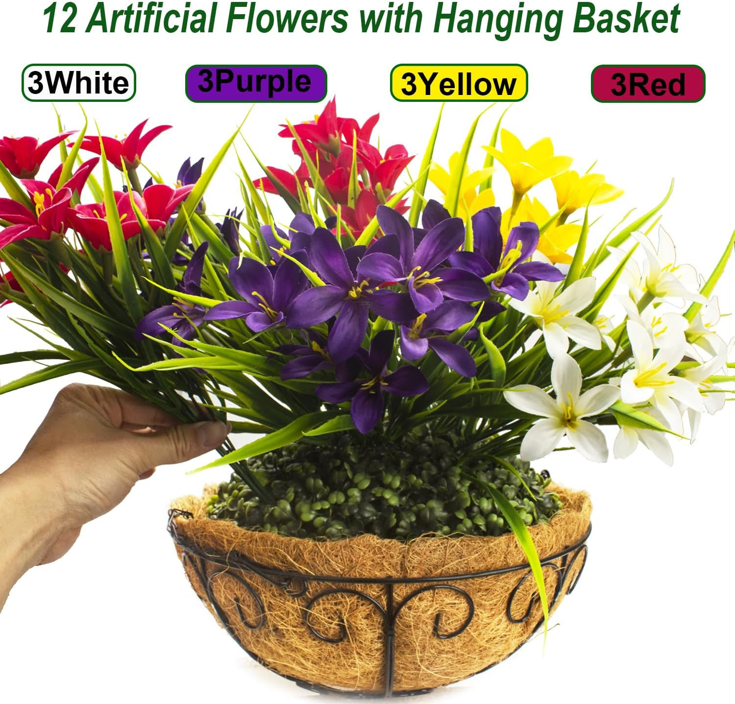 Vibrant UV Resistant Artificial Flowers in Hanging Basket – 12 Colorful Bundles