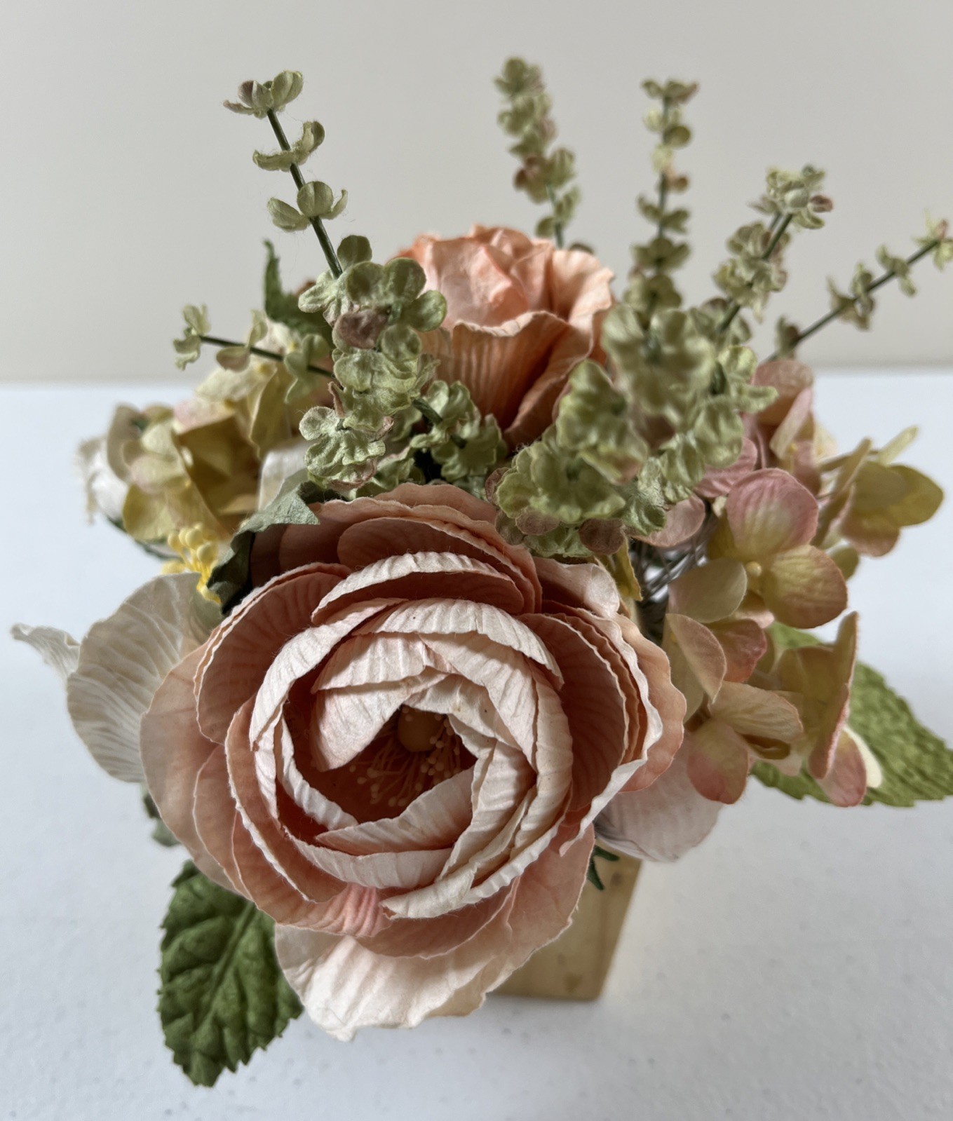 Paper Flower Arrangement With Wooden Base Hydrangeas And Roses Peach Color