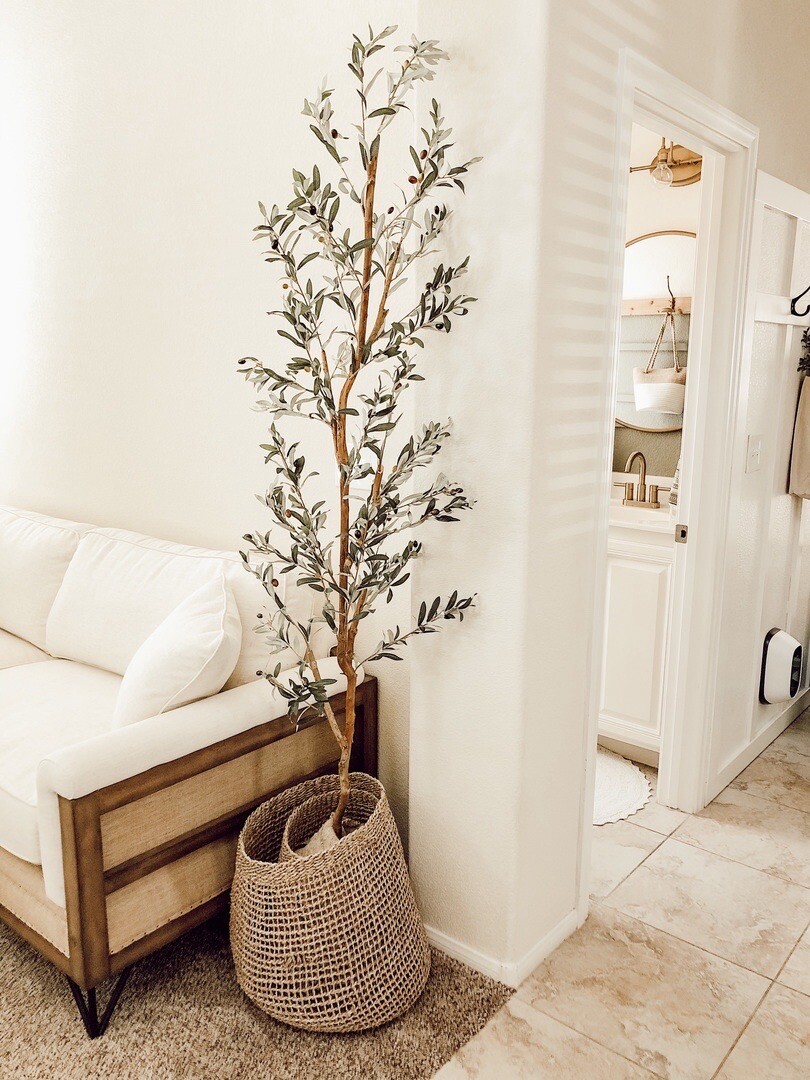 7ft Olive Minimalist Artificial Tree with Natural Trunk Home Decor. Retail $149