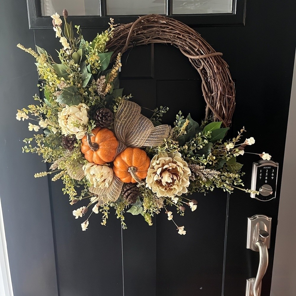 Autumn Wreath with Pumpkin Maple Leaf Eucalyptus Berries for Indoor Outdoor Use