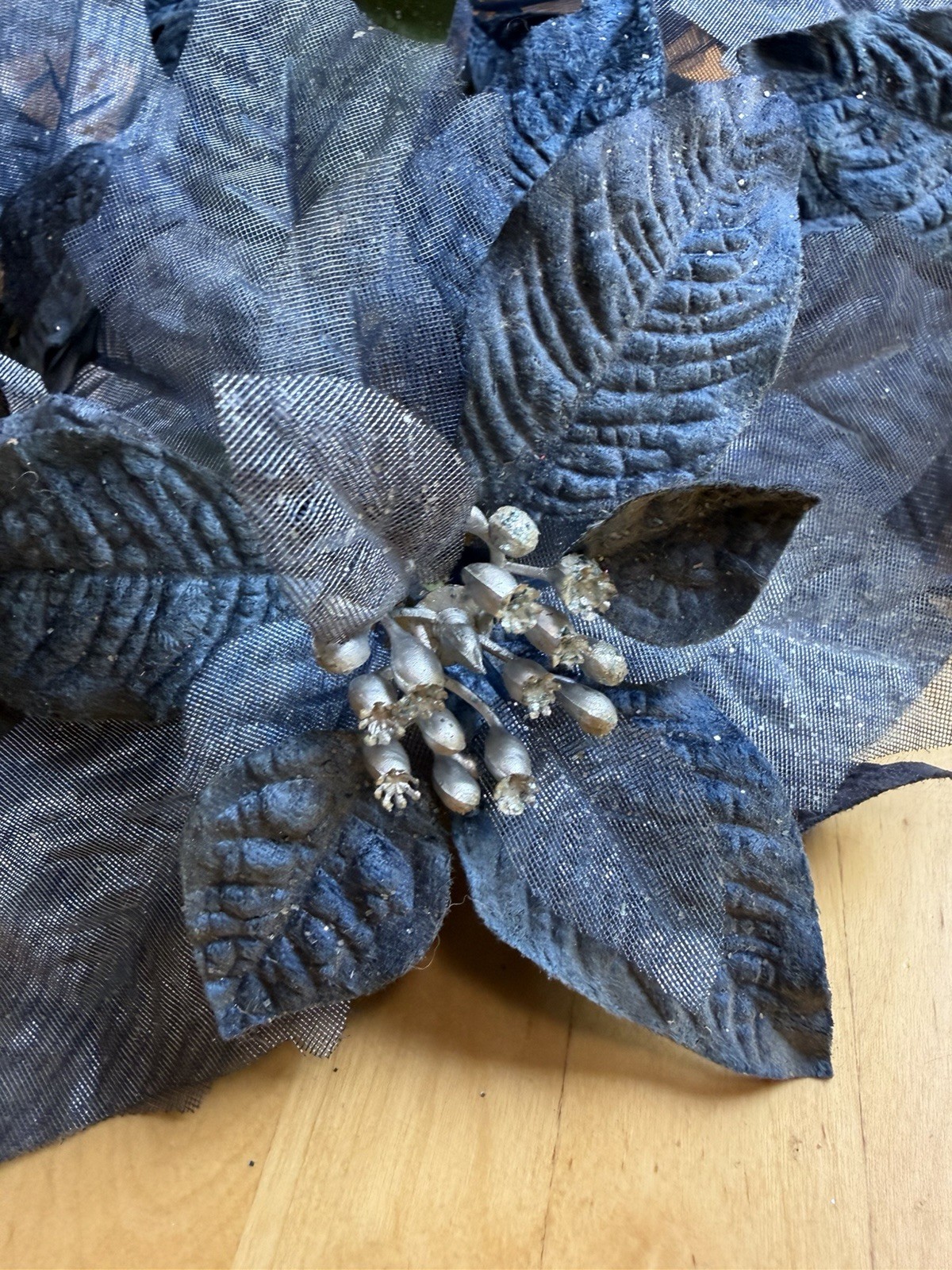 Set of 5 Navy Blue Velvet Poinsettia Stems Glitter Christmas Floral Decor 25”