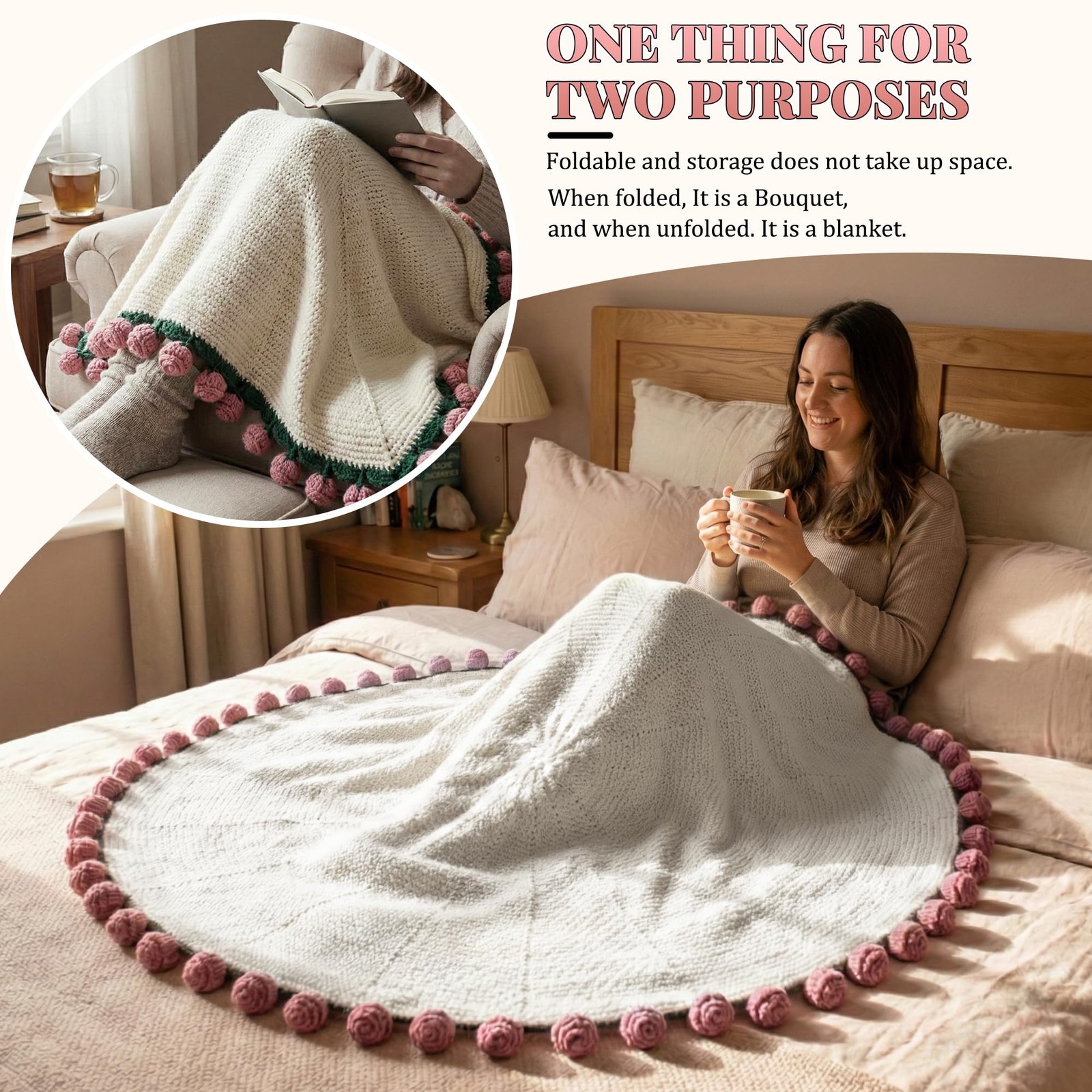 Valentines Day Gifts for Her, 59 Inch Crochet Rose Flower Bouquet Blanket,