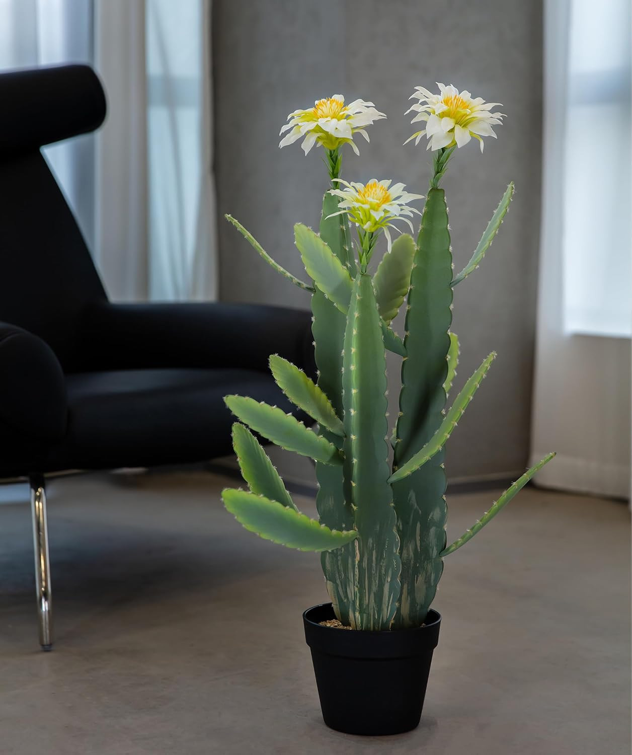 33 Inch Large Artificial Cactus with Lilly White Flowers in Pot with Natural Gra