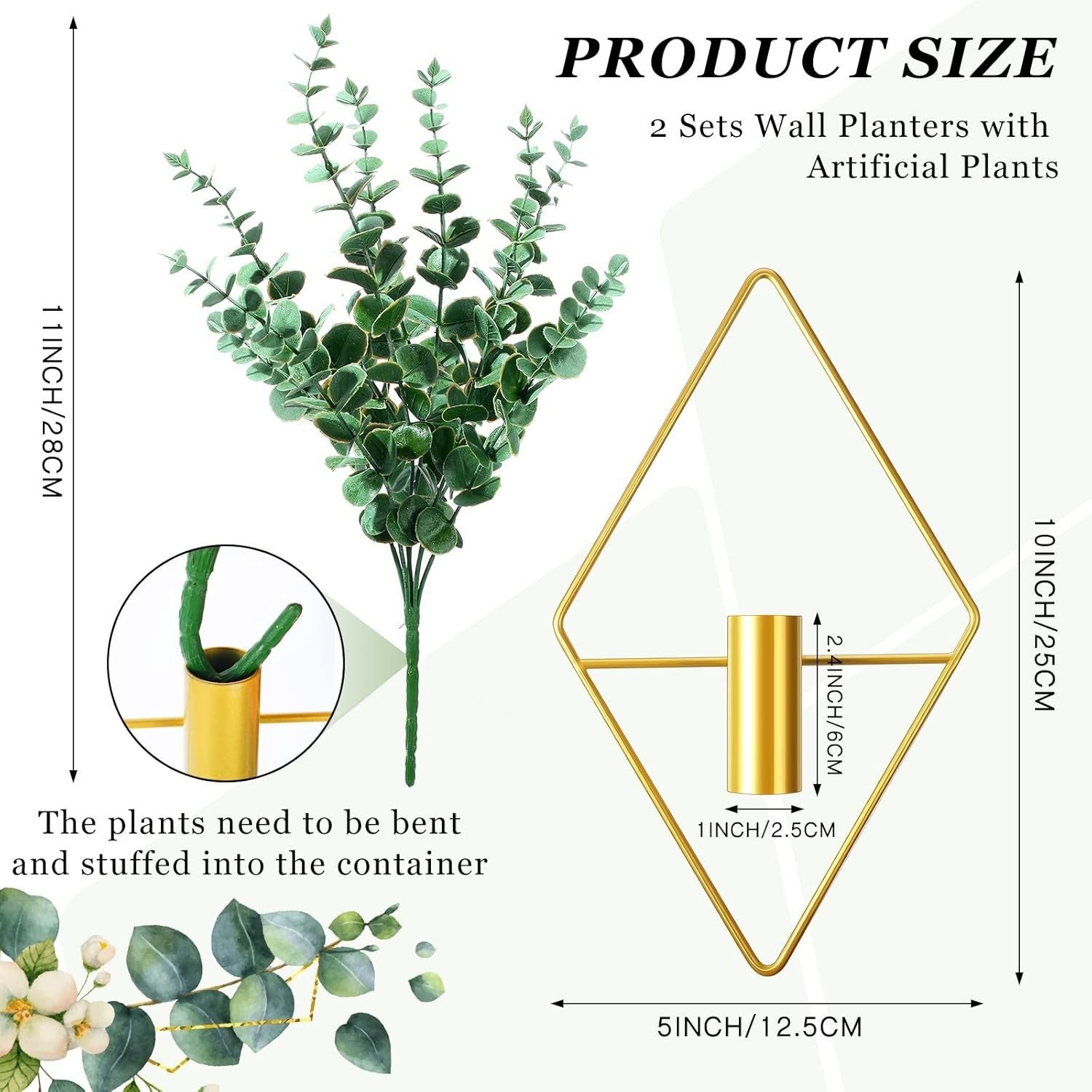 Elegant Gold Wall Planters – 2 Piece Geometric Planter Set with Eucalyptus Decor