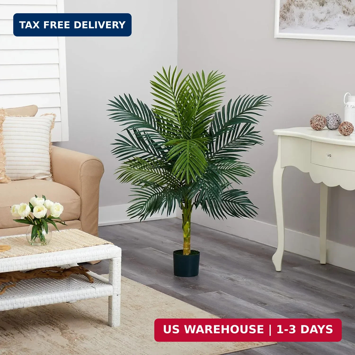 4ft Golden Cane Palm, Double Stalk Artificial Tree With Lush Realistic Foliage M