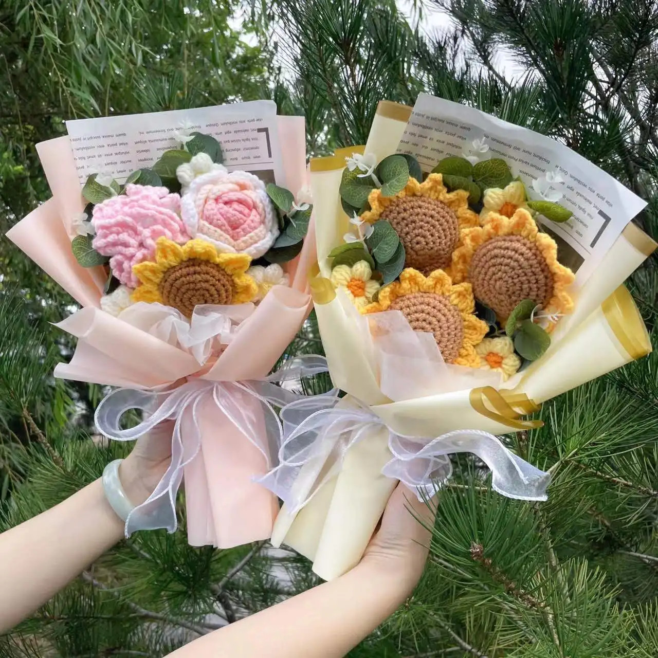 Finished Knitted flowers Sunflowers crochet Bouquet Creative Knited Flowers