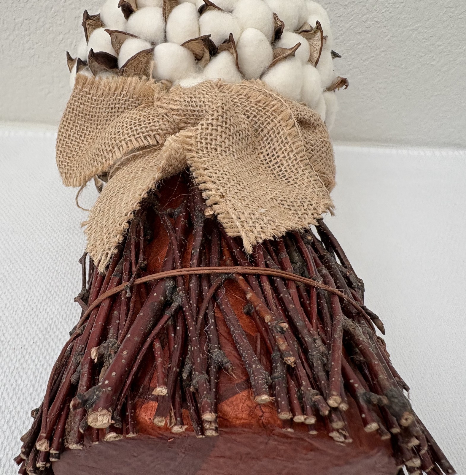 Cotton Stalk Bouquet Combined with Burlap Ribbon, Home Decor 13″x7″ (5″ at base)