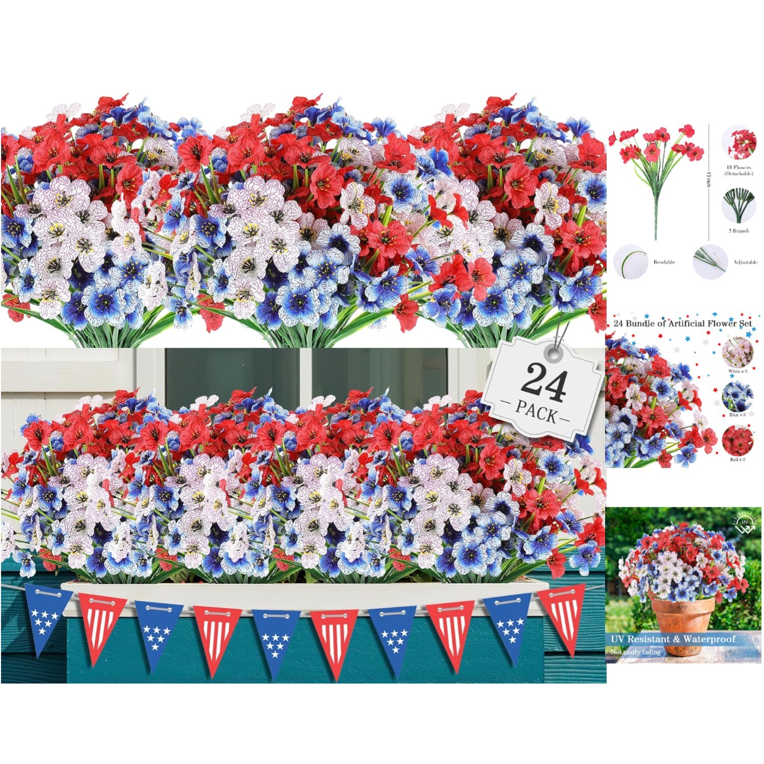 24 Bundles of Faux Flowers – Vibrant Red, White & Blue for -Round Decor