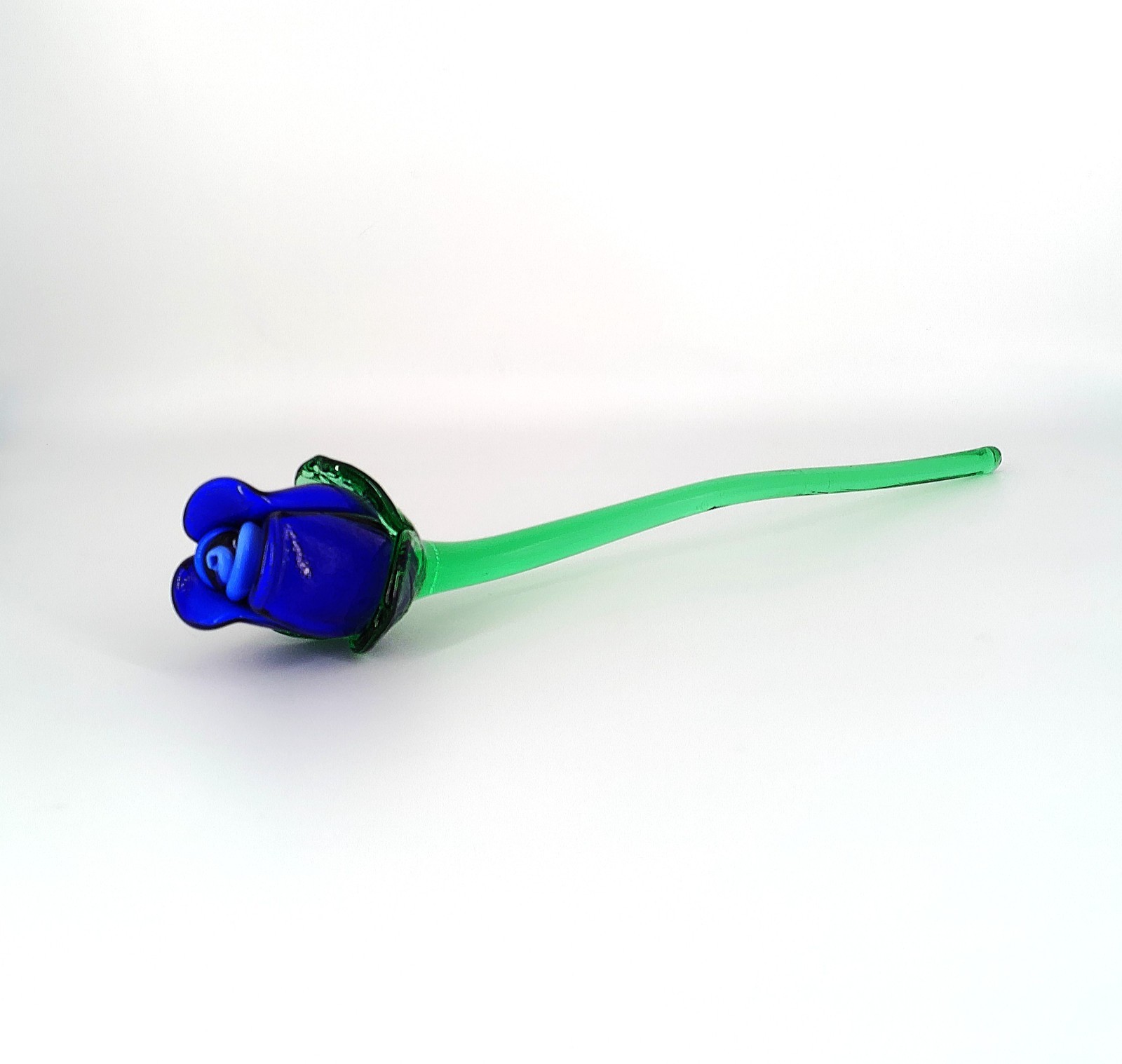 Vintage Murano Style Glass Blown Long Stem 13-3/4″ Blue Glass Rose