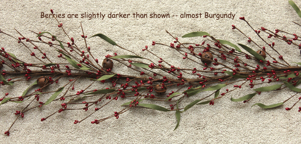 55″ Dark Antique Red PIP BERRY Wired Garland w/Rusty Tin BELLS & Green Leaves