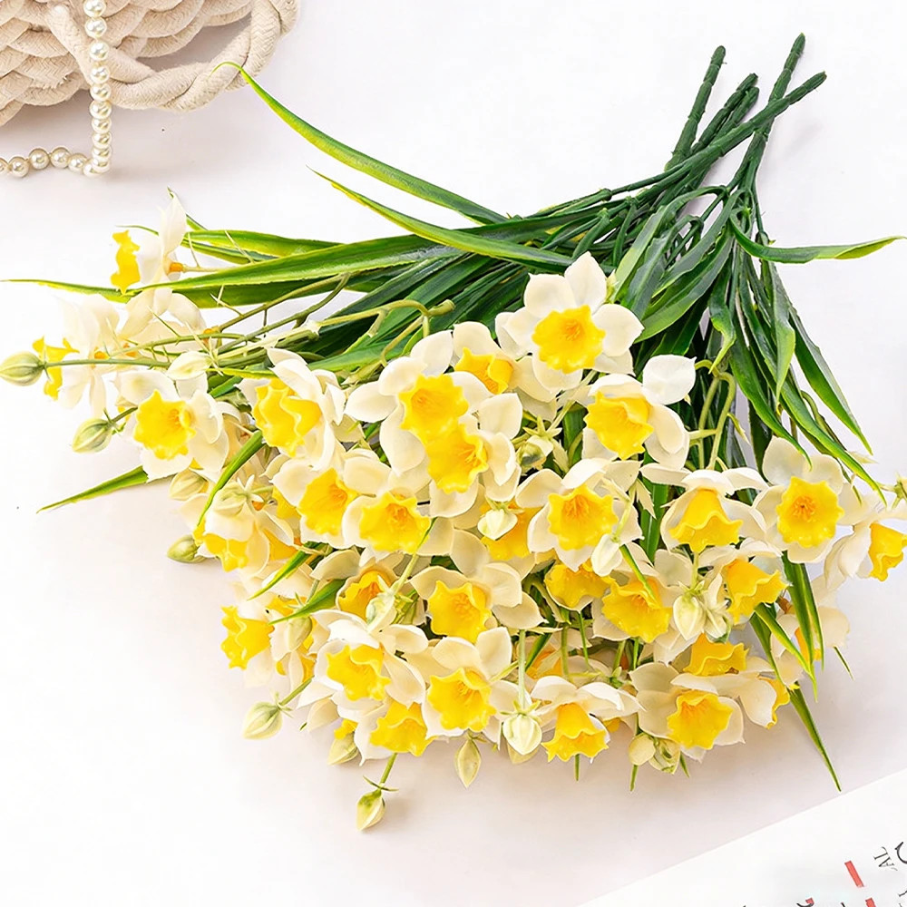 2 Bundles 30 Heads Artificial Daffodils Spring Flowers Soft Plastic Fake Flower