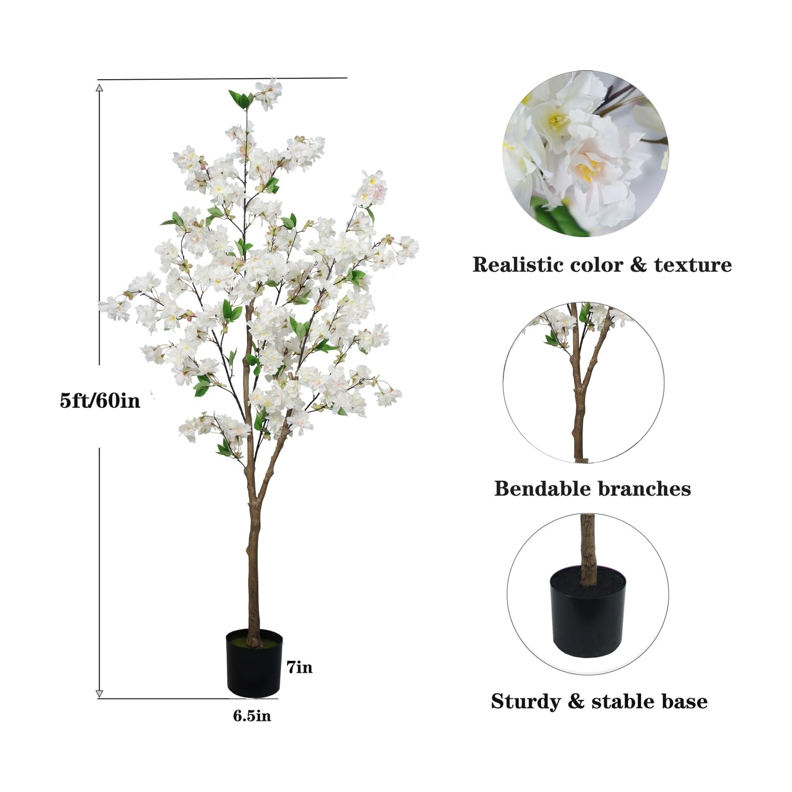 5FT Realistic White Cherry Blossom Tree in Pot – Indoor Decor for Garden, Office