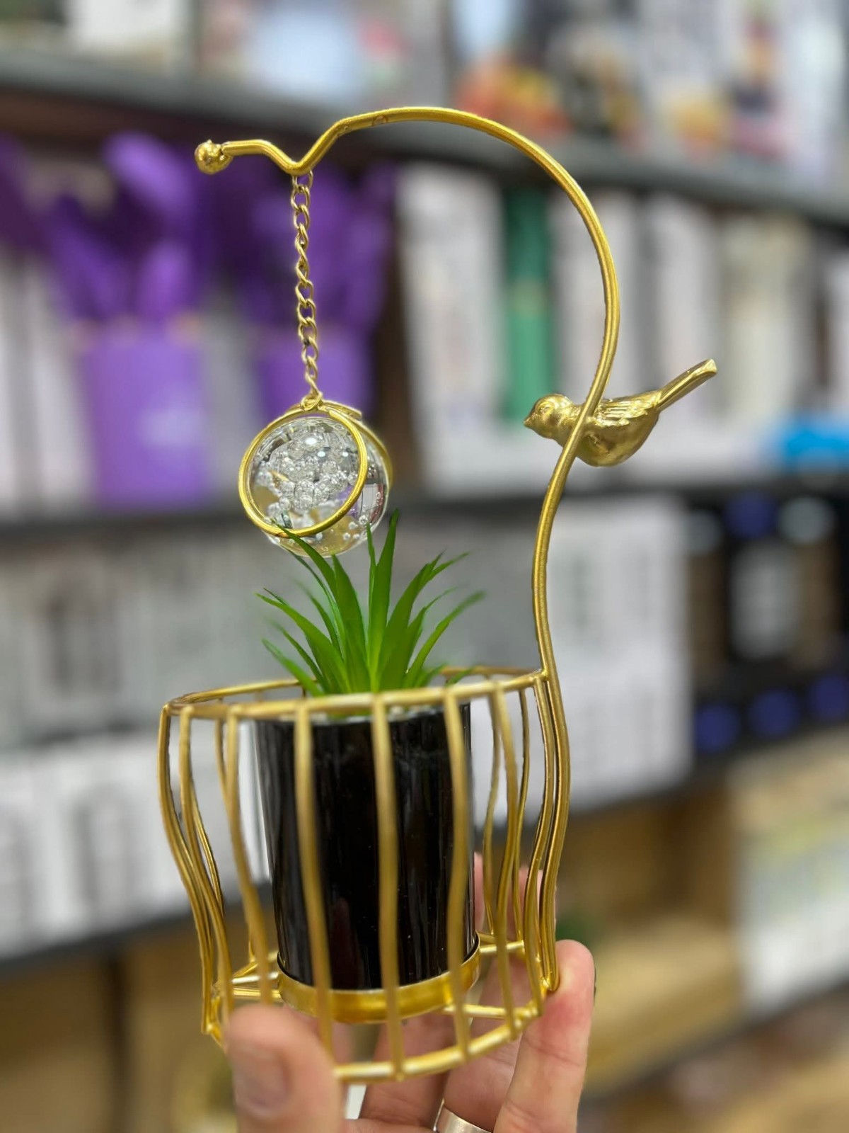 Gold Metal Wire Planter Artificial Succulent Pot Bird Crystal Modern Decor Gift