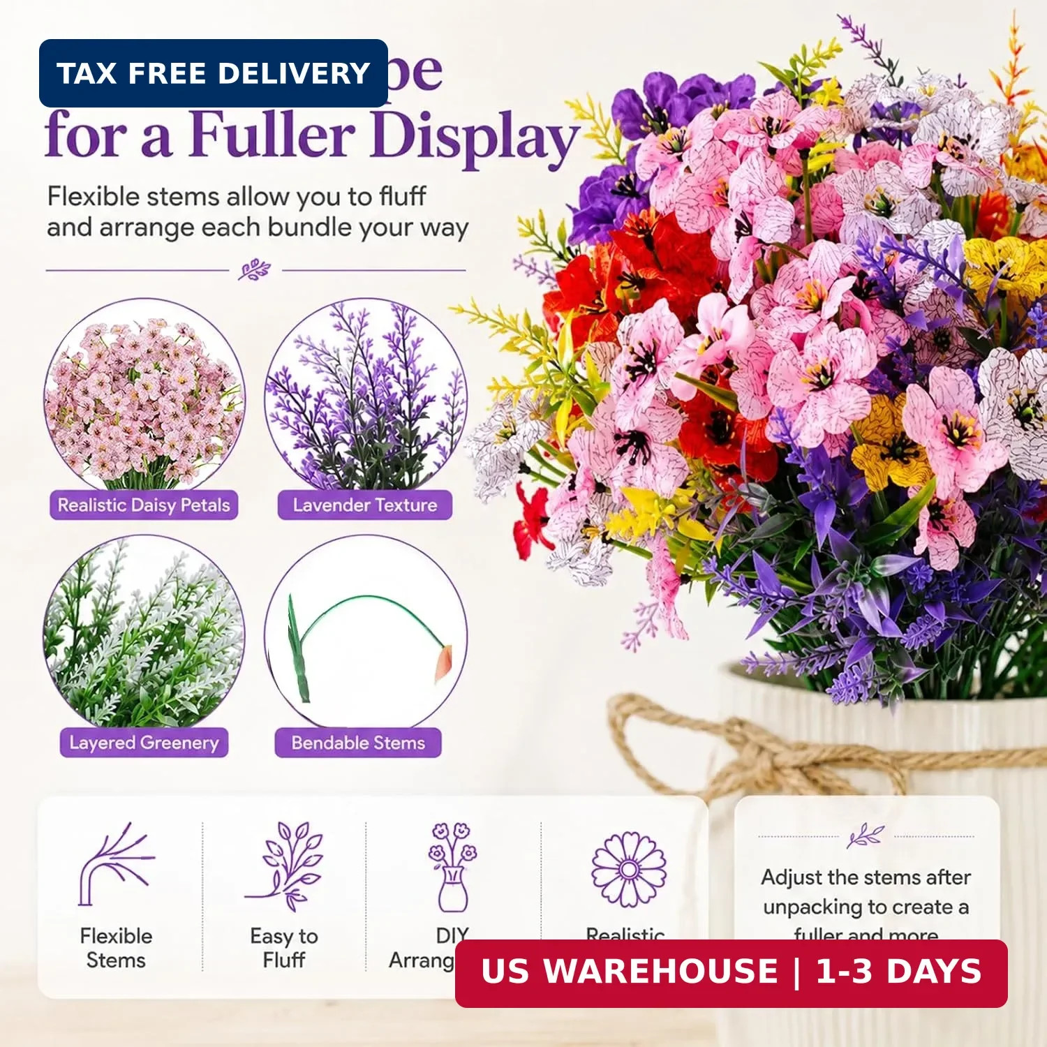 24 Bundles Artificial Flowers for Outdoors, UV Resistant Fake Flowers Faux Plant