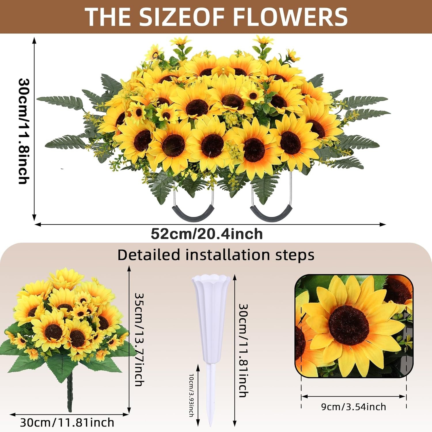 Artificial Cemetery Flowers Grave Saddle Silk Sunflowers Memorial Flowers 3PCS