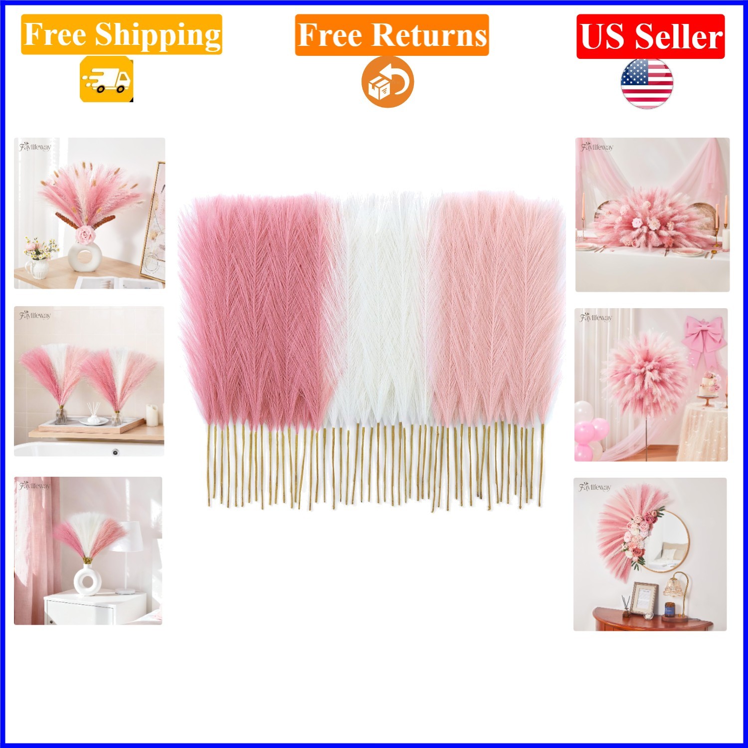 50pcs 17in Faux Pampas Grass Bouquet in Blush Pink, Cream & Pink for Decor
