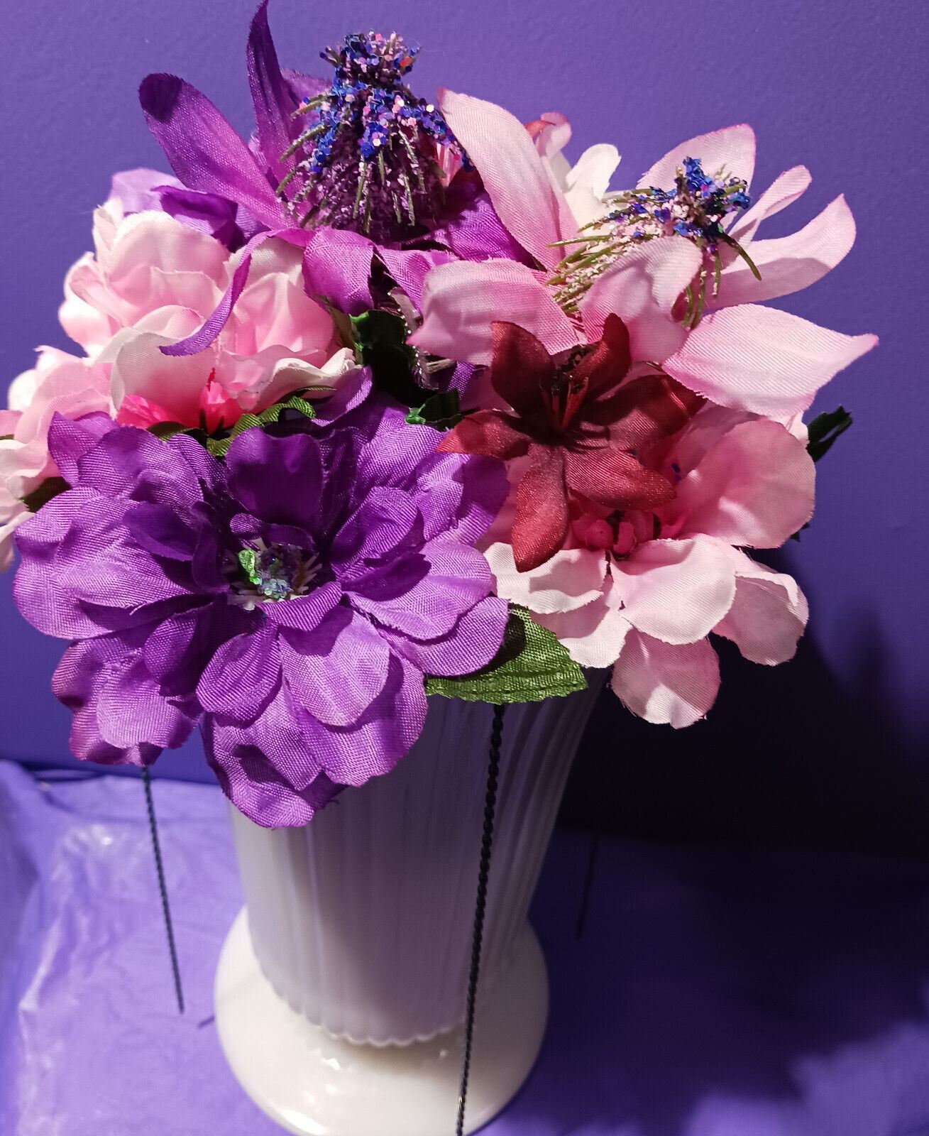 Artificial Flower Arrangement Vintage White Milk Glass Vase W/blue Chain