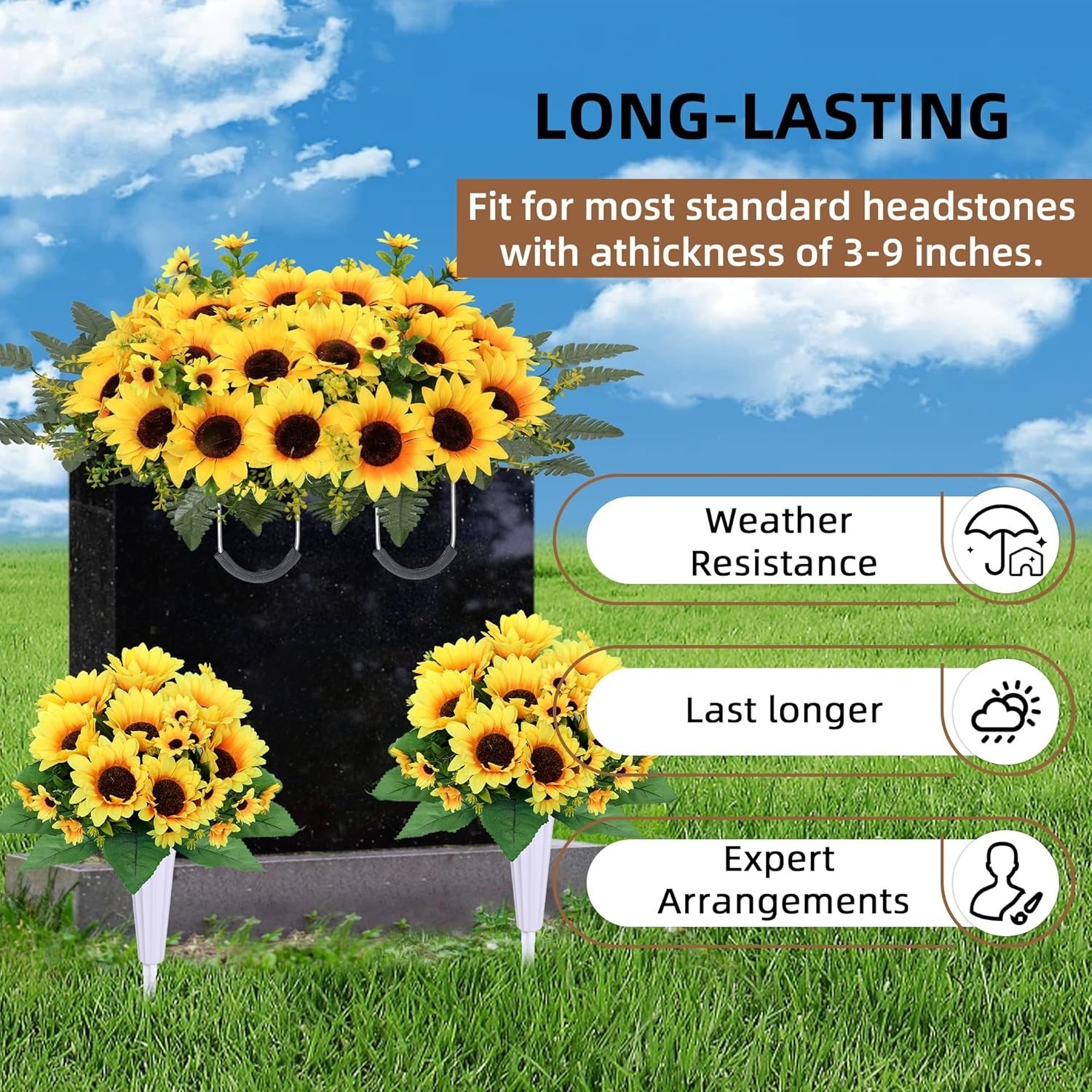 Artificial Cemetery Flowers Grave Saddle Silk Sunflowers Memorial Flowers 3PCS