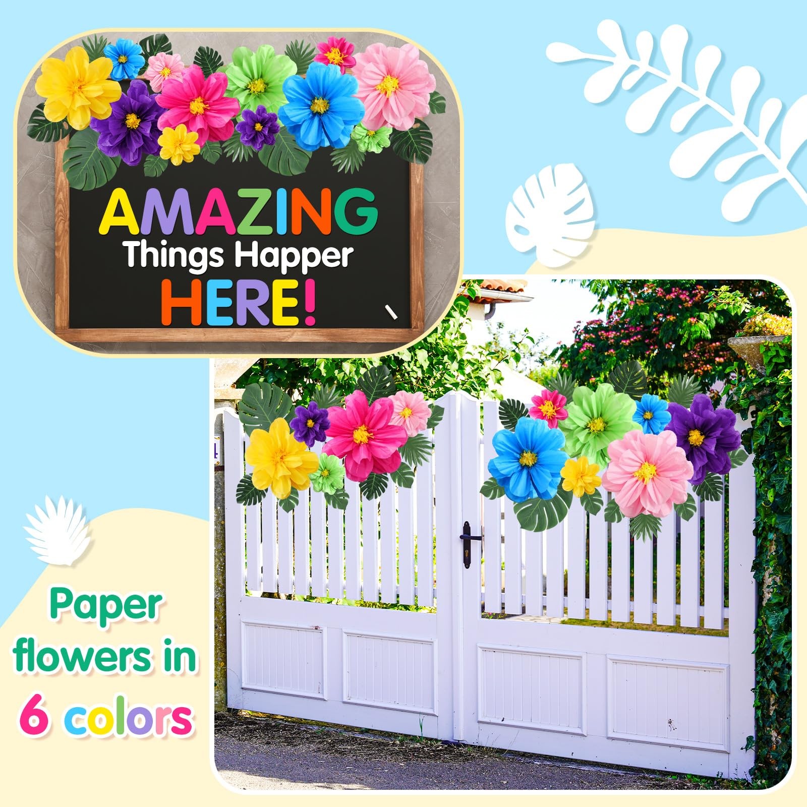 42 PCS Tissue Paper Flower Faux Palm Leaf Set 20″ 10″ Colorful Tropical Luau