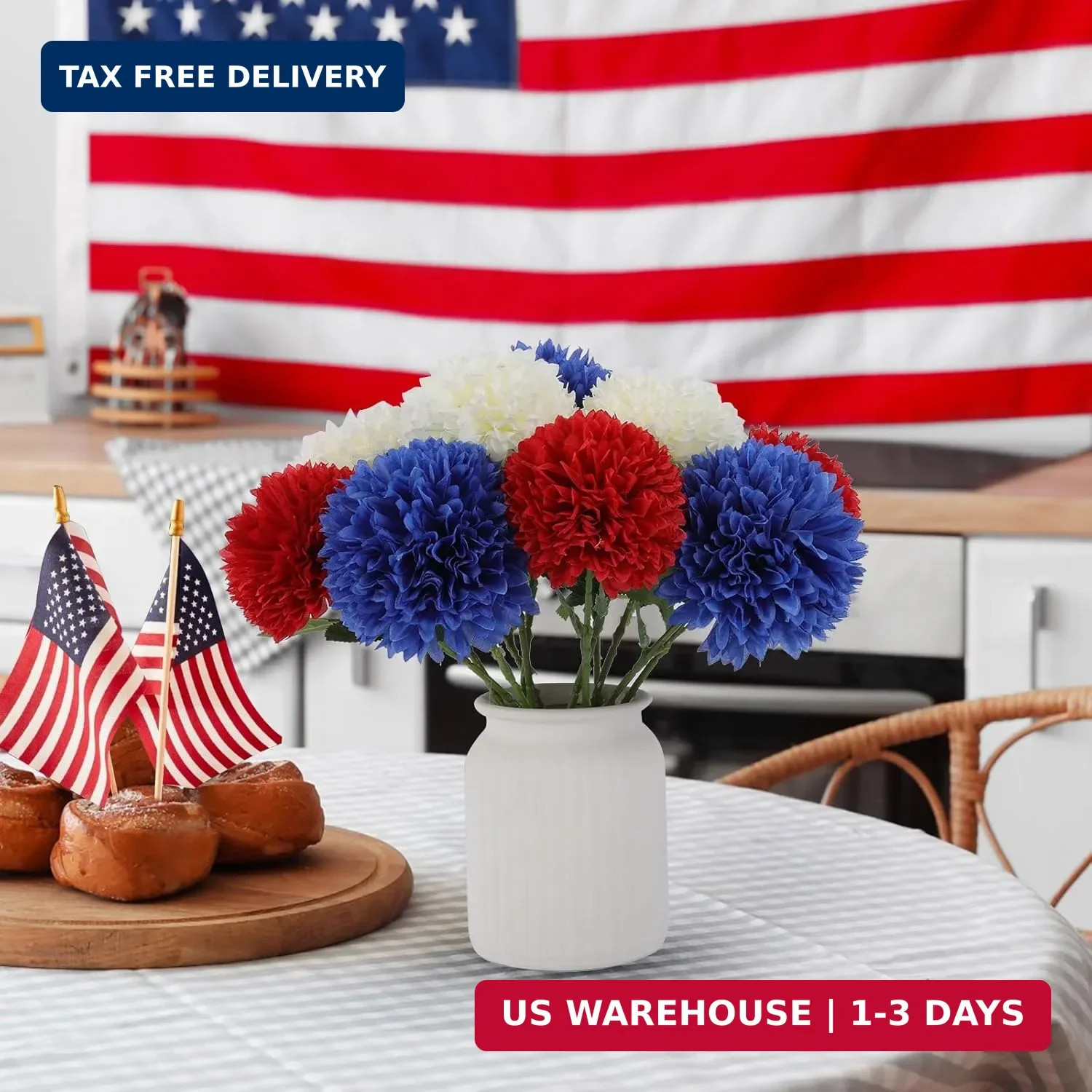 Hananona 12 Pcs Artificial Chrysanthemums Flowers Patriotic Flower, 4th of July