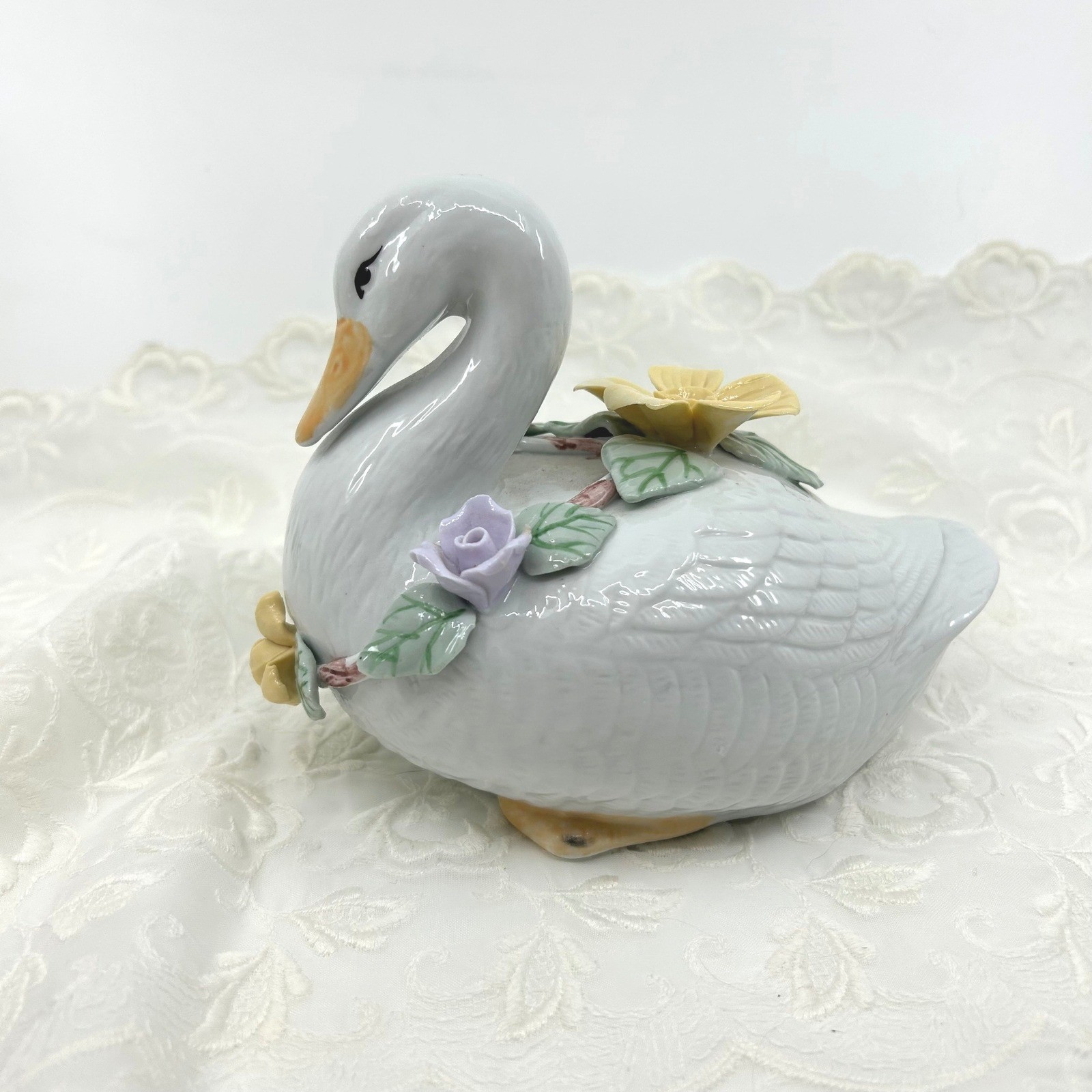 Vintage Swan Goose Figurine Floral Wreath Cottagecore Home Decor