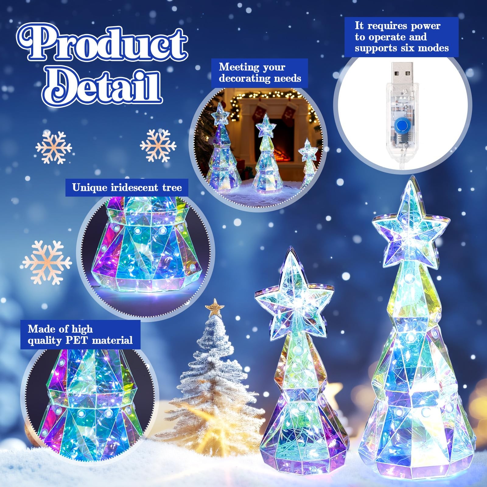 Gemscream Set of 3 Size Prismatic Iridescent Christmas Trees with LED Lights …