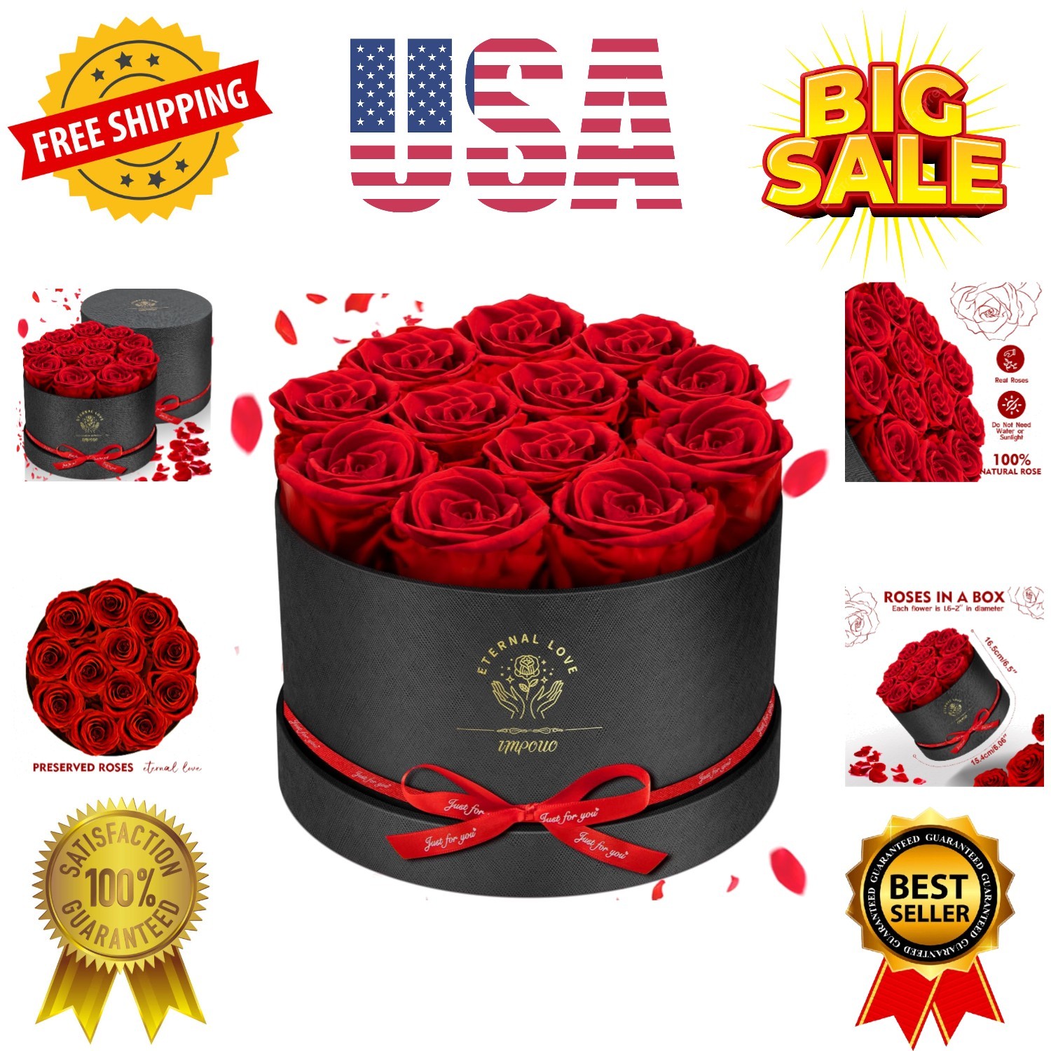 Forever Flowers,12 Red Roses in A Box, Real Preserved Roses, Birthday Gift fo…